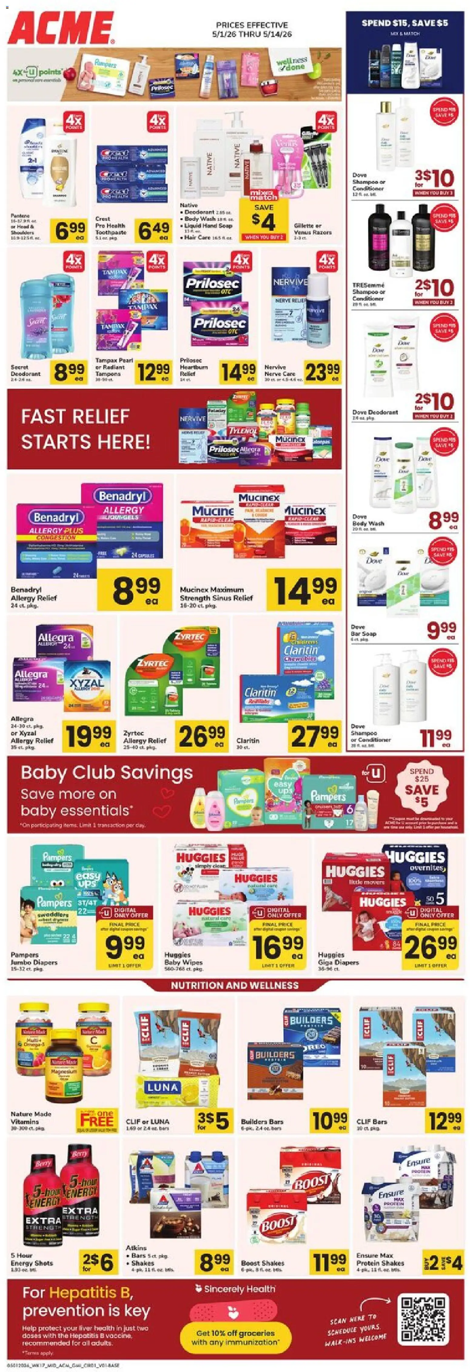 Ad Preview of Acme Acme Ad from 05/01/2026 - Groceries, Tampons, Diapers, Liver, Soap, Shampoo, Conditioner, Bar Soap