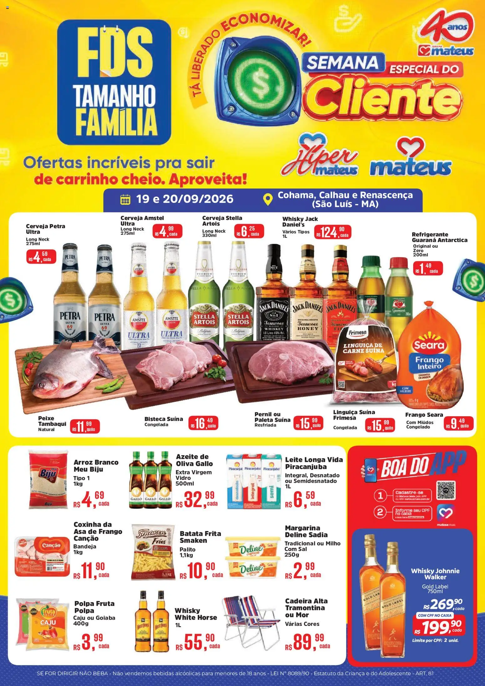 Pré-Visualização do folheto "Mateus ofertas Fds tamanho Família" da loja Mateus válido a partir de 19/09/2026 - Bebidas, Arroz, Batata frita, Azeite, Refrigerante, Milho, Pernil, Guaraná