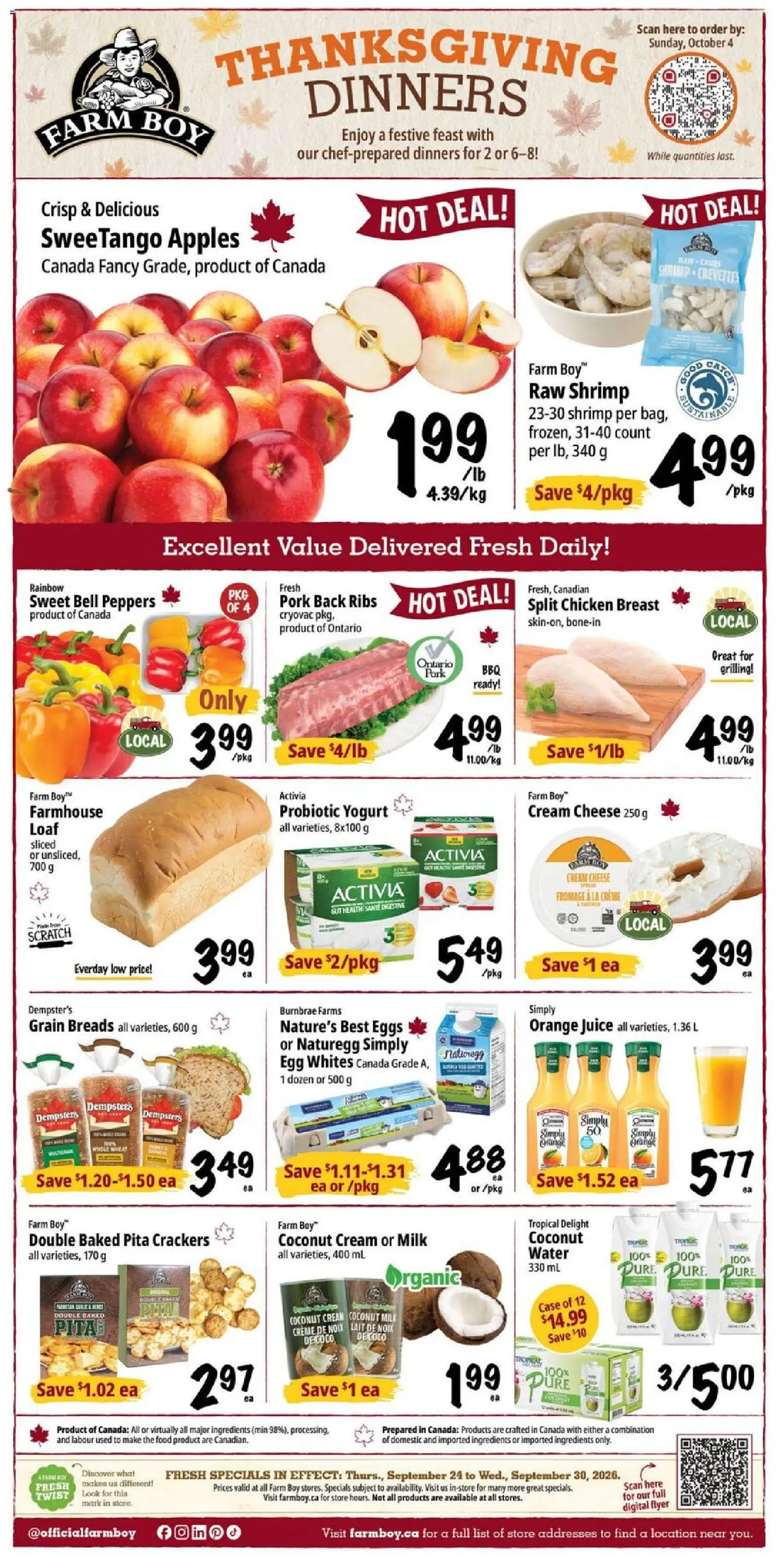 Preview of leaflet Farm Boy weekly flyer / circulaire from shop Farm Boy is valid from Sep 24, 2026 - Apples, Water, Eggs, Cheese, Shrimp, Juice, Crackers, Chicken breast