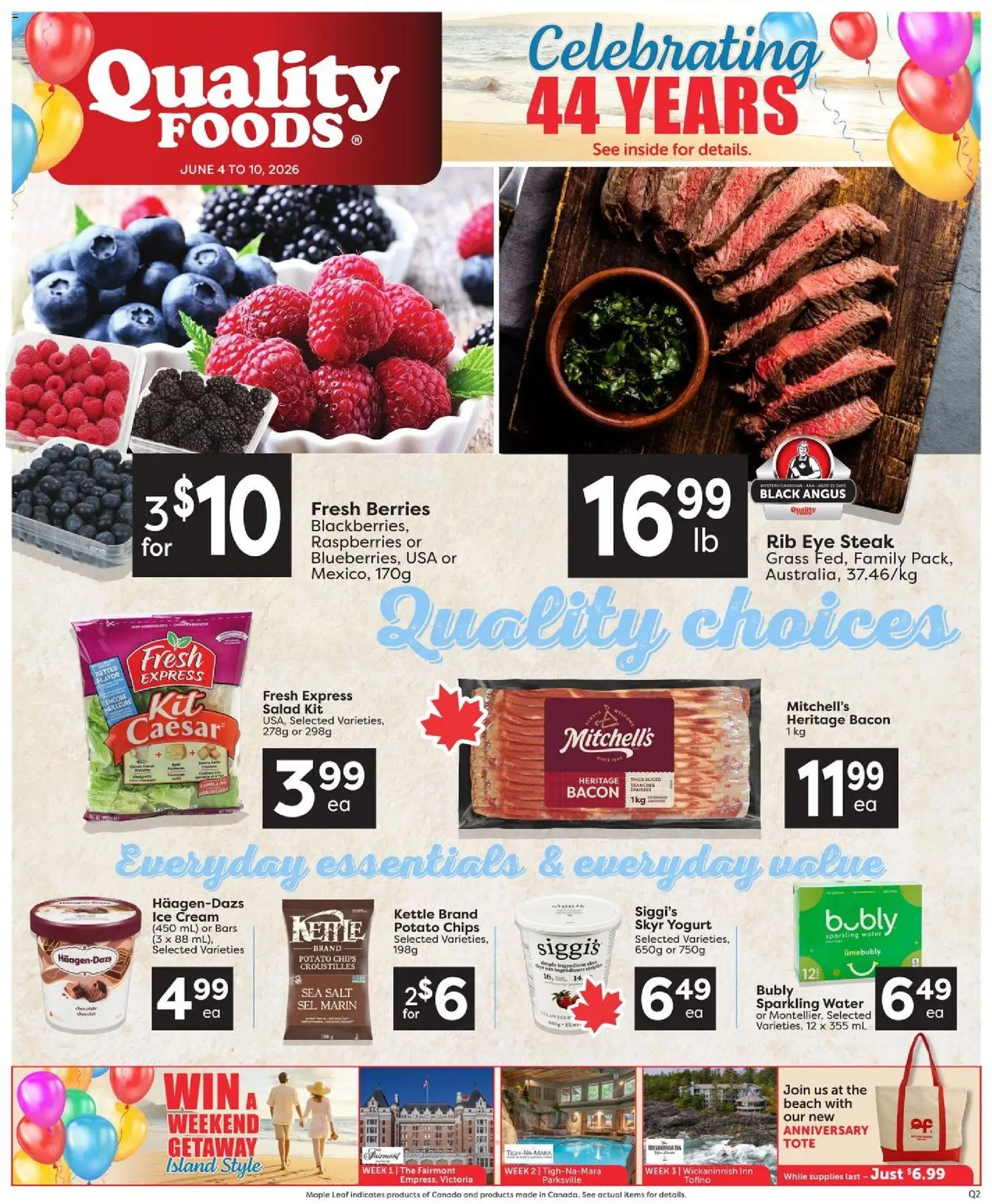 Preview of leaflet Quality Foods weekly flyer / circulaire from shop Quality Foods is valid from Jun 04, 2026 - Salad, Chips, Bacon, Kettle, Raspberries, Salt, Cream, Skyr