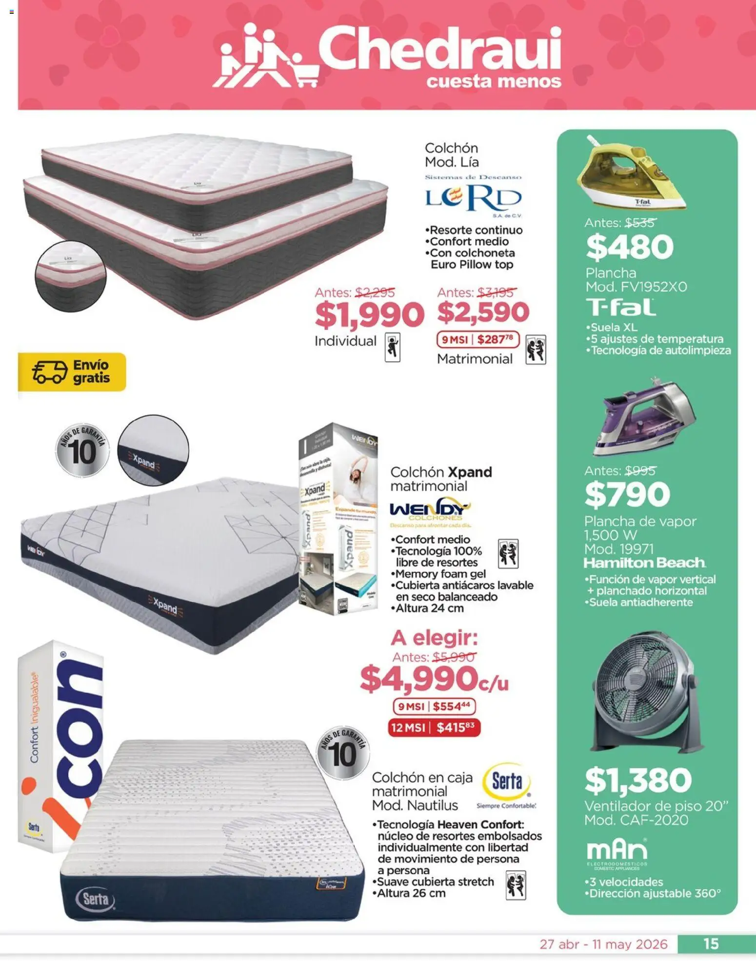 Vista previa las ofertas de la tienda Chedraui - Chedraui folleto Mejor para festejar a mamá desde el 27/04/2026 - Ventilador, Colchón, Top, Plancha de vapor, Caja, Plancha, Colchoneta