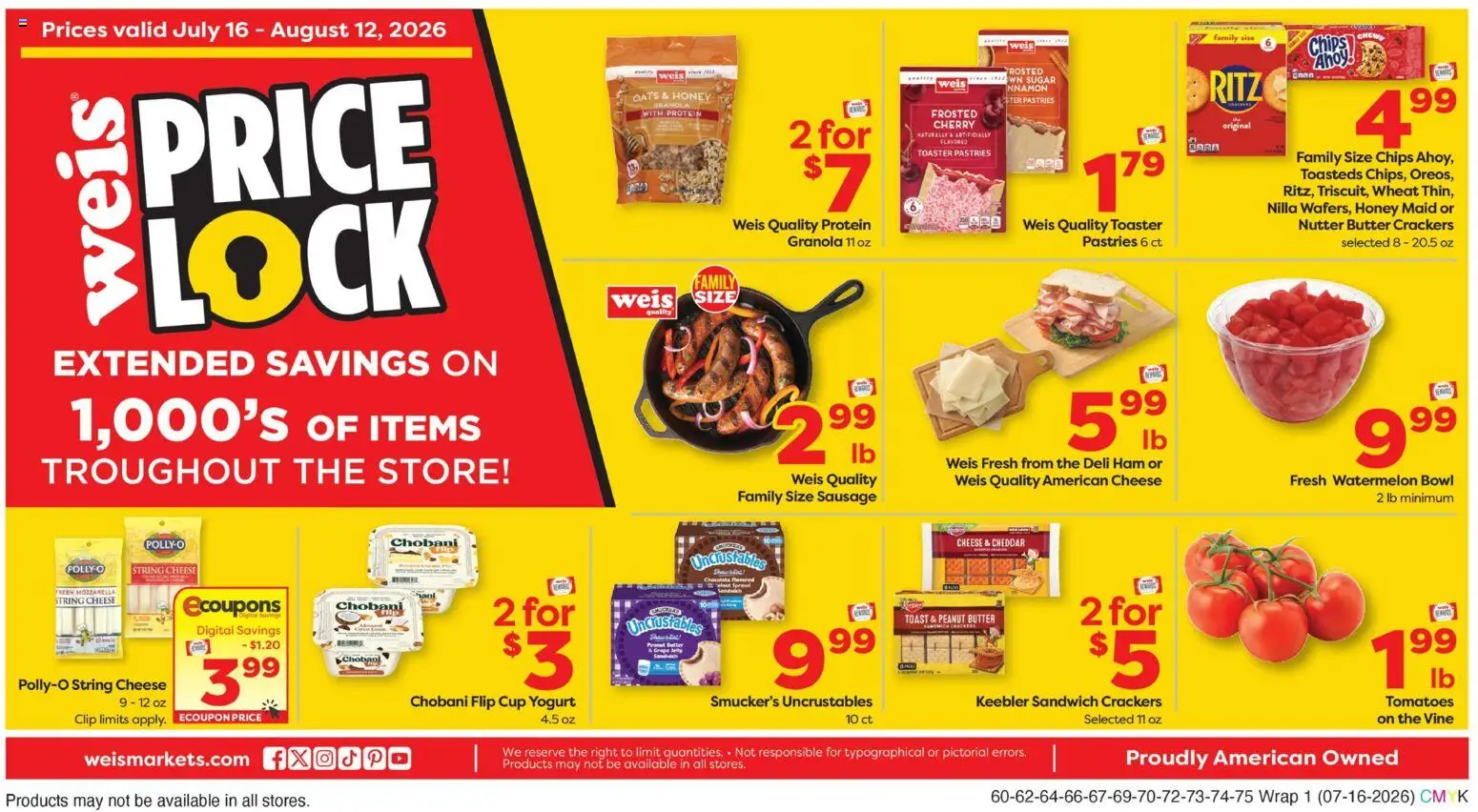 Ad Preview of Weis Weis Weekly Ad from 07/16/2026 - Chips, Watermelon, Protein, Pastries, Sugar, Sausage, Toaster, Mozzarella