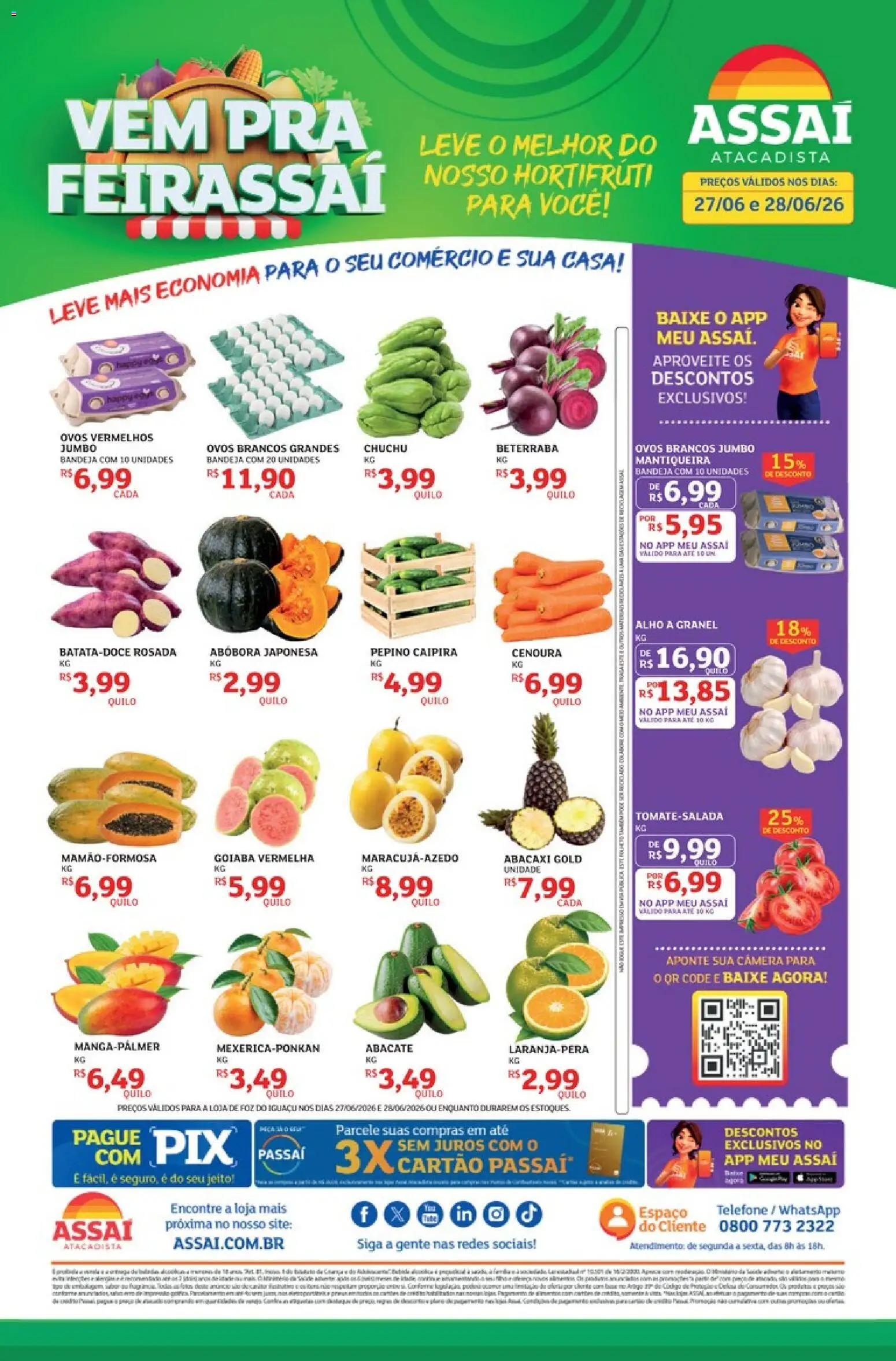 Pré-Visualização do folheto "Assaí Atacadista ofertas - PR" da loja Assaí Atacadista válido a partir de 27/06/2026 - Telefone, Câmera, Chuchu, Abóbora, Goiaba, Abacate, Cenoura, Alho