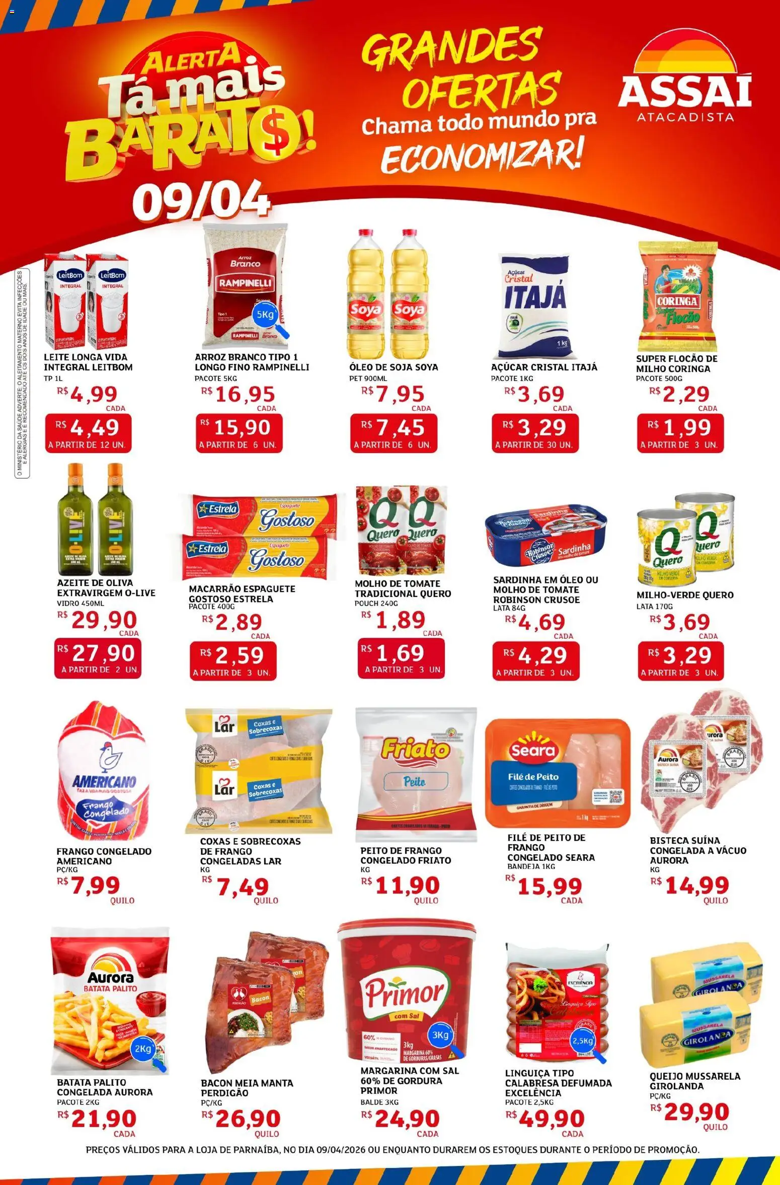 Pré-Visualização do folheto "Assaí Atacadista ofertas - PI" da loja Assaí Atacadista válido a partir de 22/04/2026 - Macarrão, Óleo, Batata, Mussarela, Milho, Sardinha, Açúcar cristal, Friato