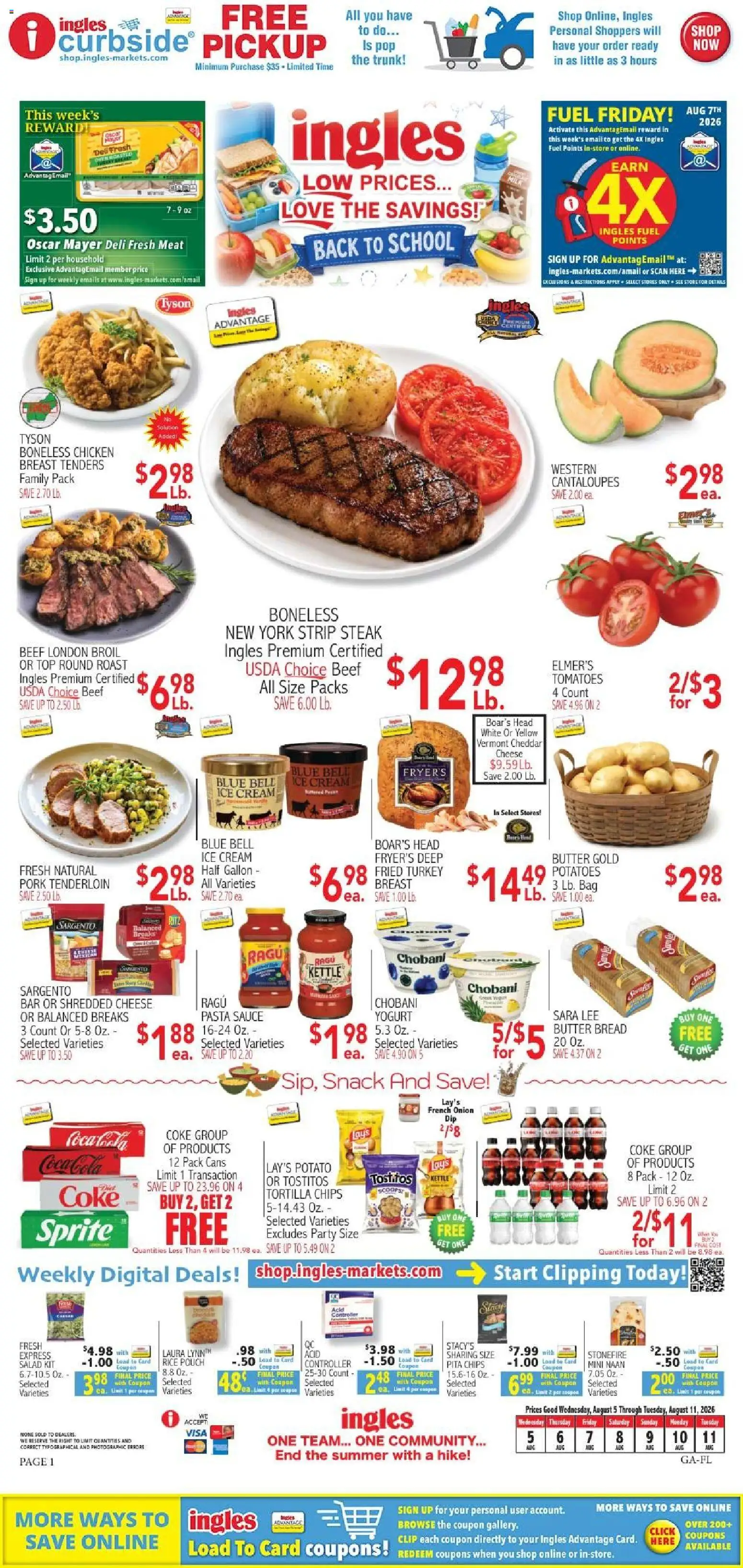 Ad Preview of Ingles Weekly flyer from 08/12/2026 - Ice cream, Chips, Butter, Sprite, Bag, Sauce, Pork tenderloin, Cheddar cheese