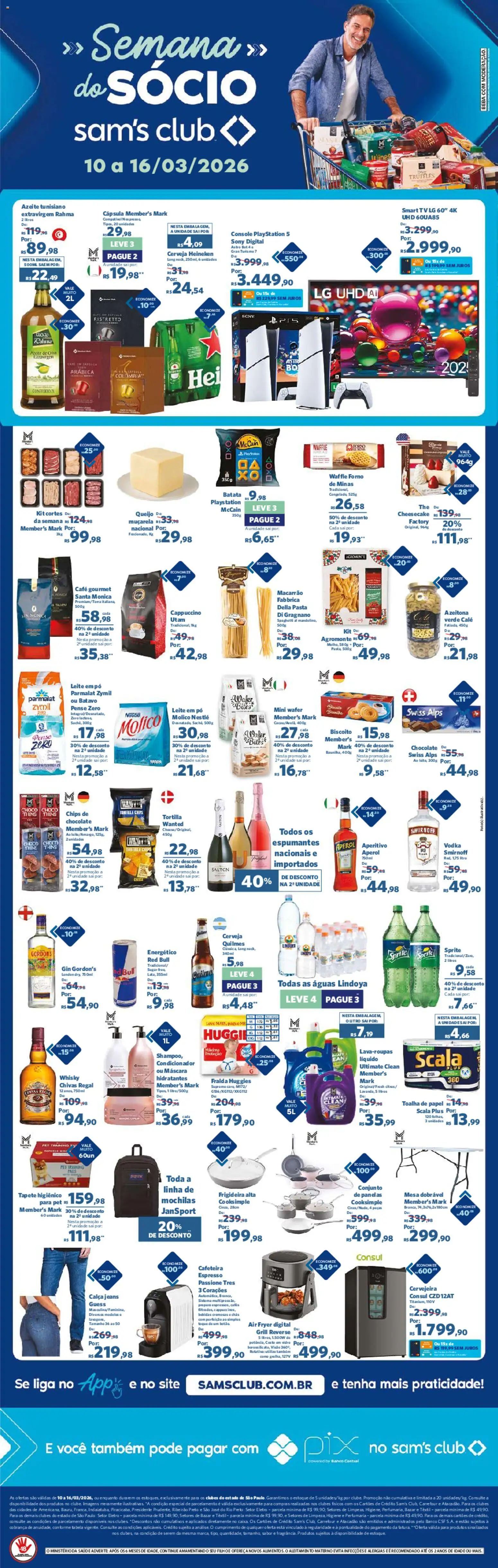 Pré-Visualização do folheto "Sam's Club ofertas Semana do Sócio" da loja Sam's Club válido a partir de 10/03/2026 - Cafeteira, Cerveja, Vodka, Leite, Mesa dobrável, Cappuccino, Pasta, Tapete higiênico