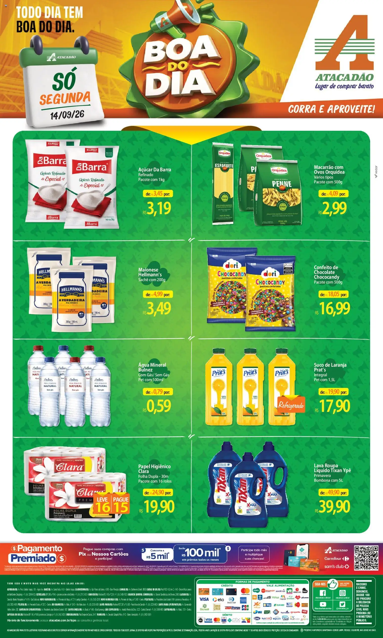 Pré-Visualização do folheto "Atacadão ofertas - RS" da loja Atacadão válido a partir de 14/09/2026 - Água, Orquídea, Gravata, Suco, Papel higiênico, Suco de laranja, Espaguete, Água mineral