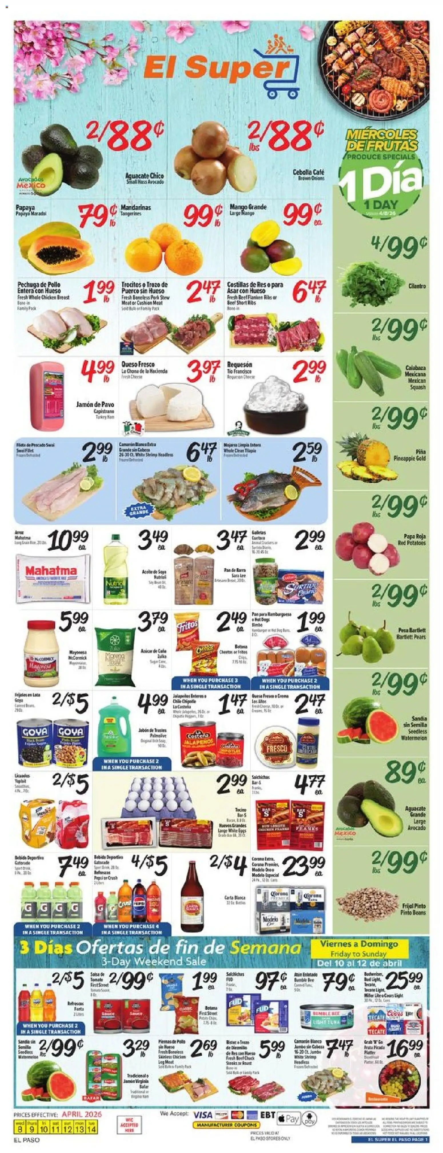 Ad Preview of El Super El Super Weekly Ad - TX from 04/08/2026 - Mango, Pineapple, Meat, Squash, Beans, Pears, Cushion, Chicken