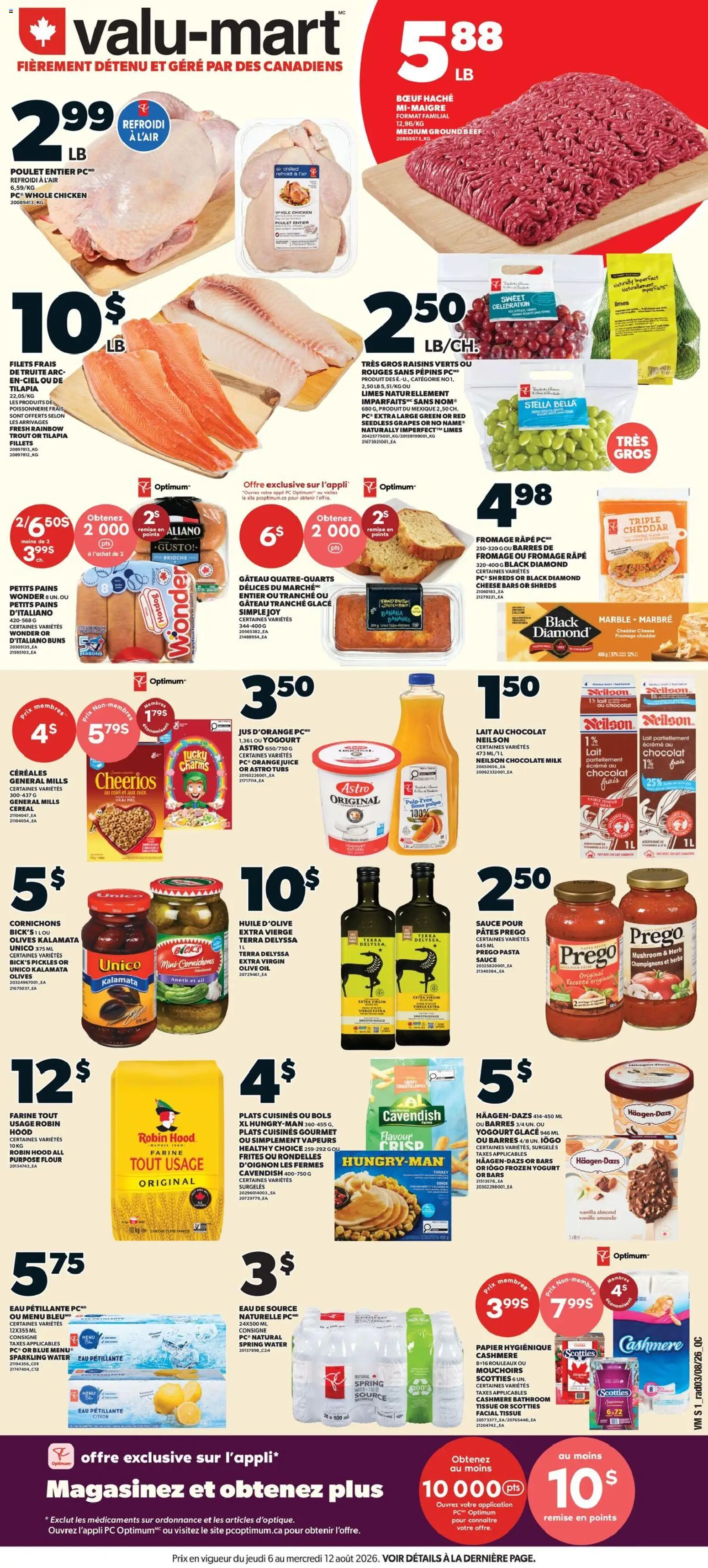 Preview of leaflet Valu Mart circulaire from shop Valu Mart is valid from Aug 06, 2026 - Milk, Vanilla, Olives, Raisins, Grapes, Flour, Cheddar, Seedless grapes
