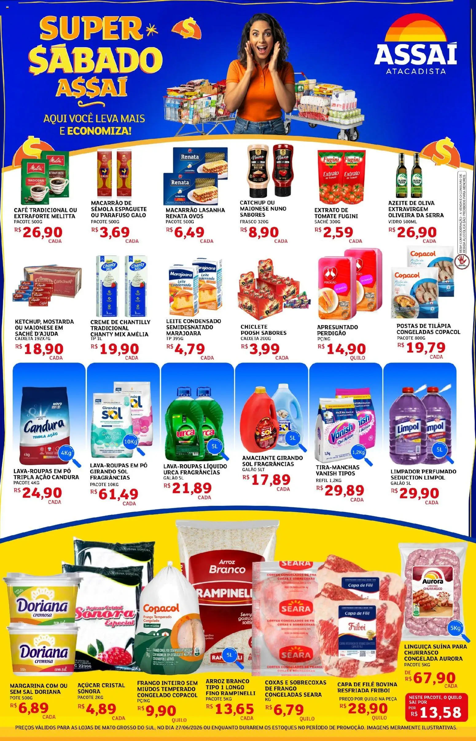 Pré-Visualização do folheto "Assaí Atacadista ofertas - MS" da loja Assaí Atacadista válido a partir de 27/06/2026 - Leite condensado, Bebida, Carne, Azeite, Tomate, Açúcar cristal, Girando sol, Frango inteiro