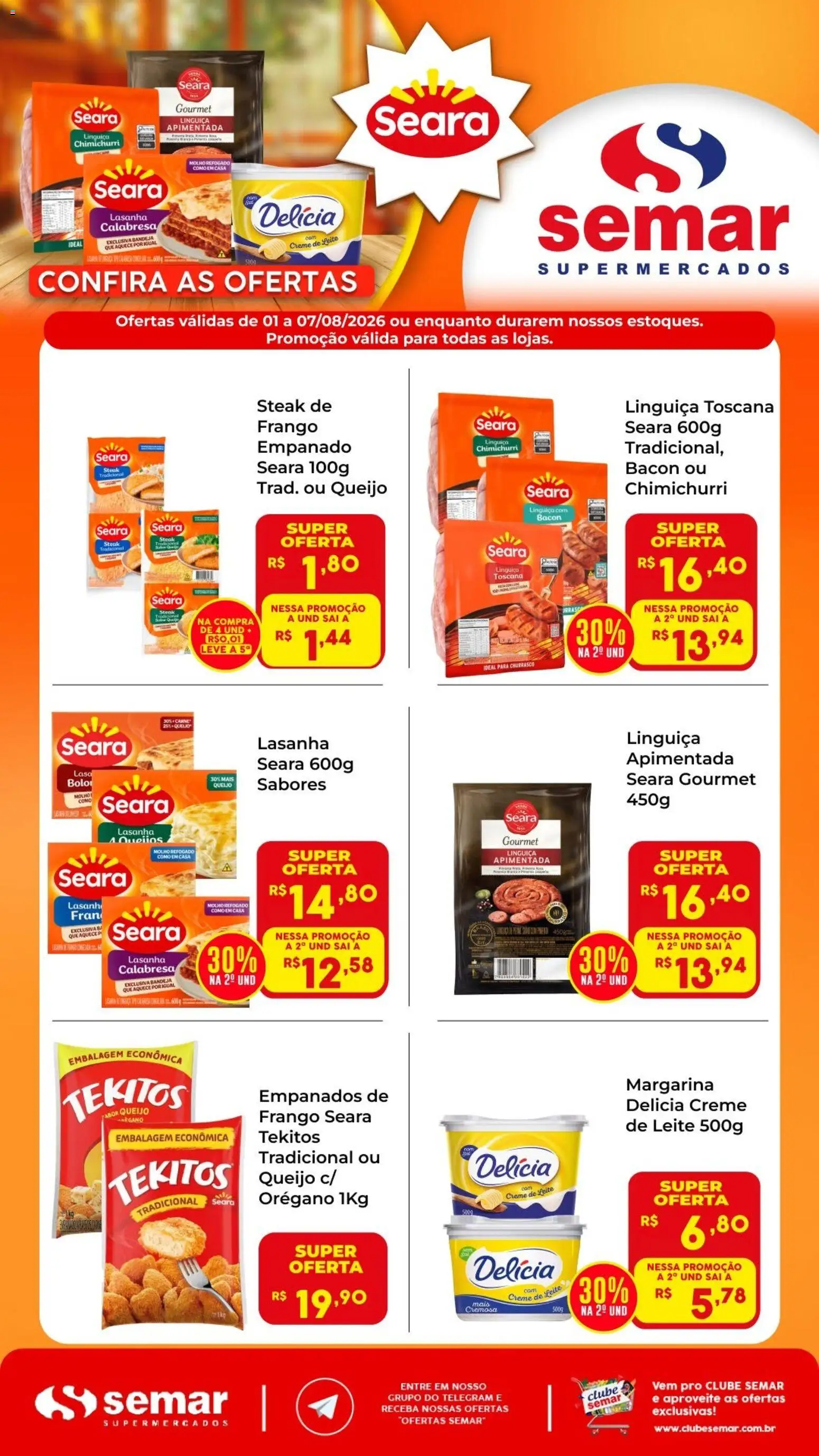 Pré-Visualização do folheto "Semar Supermercado ofertas Seara" da loja Semar Supermercado válido a partir de 01/08/2026 - Lasanha, Queijo, Frango, Creme, Linguiça, Margarina, Steak, Orégano