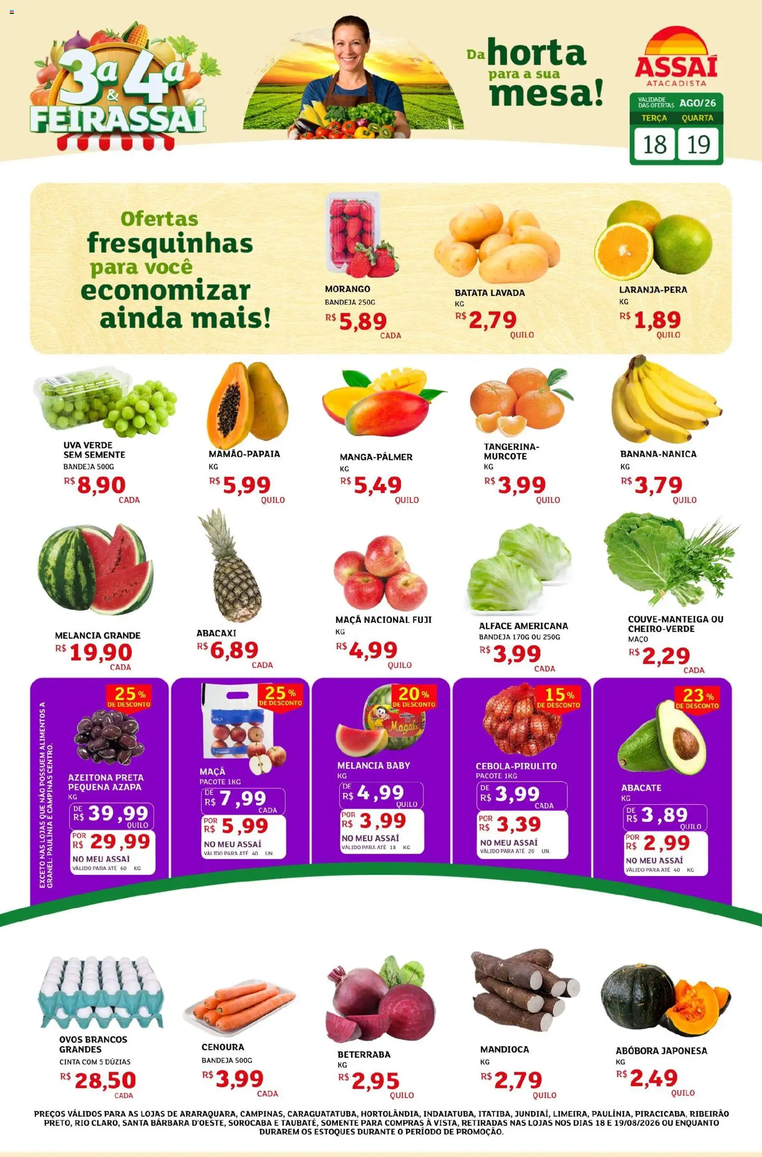 Pré-Visualização do folheto "Assaí Atacadista ofertas - SP" da loja Assaí Atacadista válido a partir de 18/08/2026 - Melancia, Ovos, Abacaxi, Abóbora, Cenoura, Mandioca, Alface americana, Alimentos