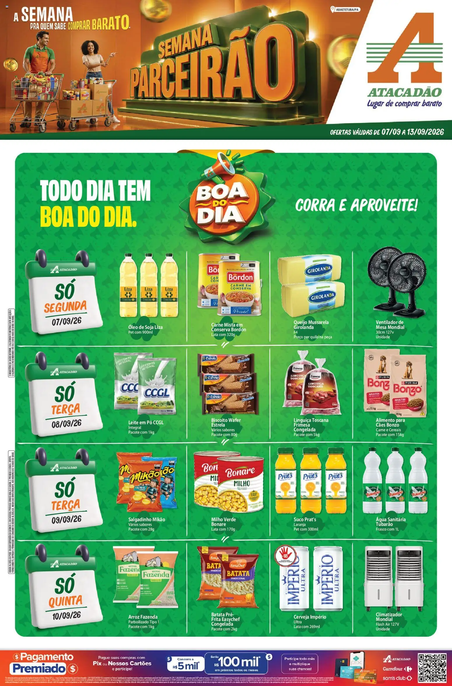 Pré-Visualização do folheto "Atacadão ofertas - PA" da loja Atacadão válido a partir de 07/09/2026 - Biscoito, Leite, Queijo, Carne, Batata, Mussarela, Linguiça, Água sanitária