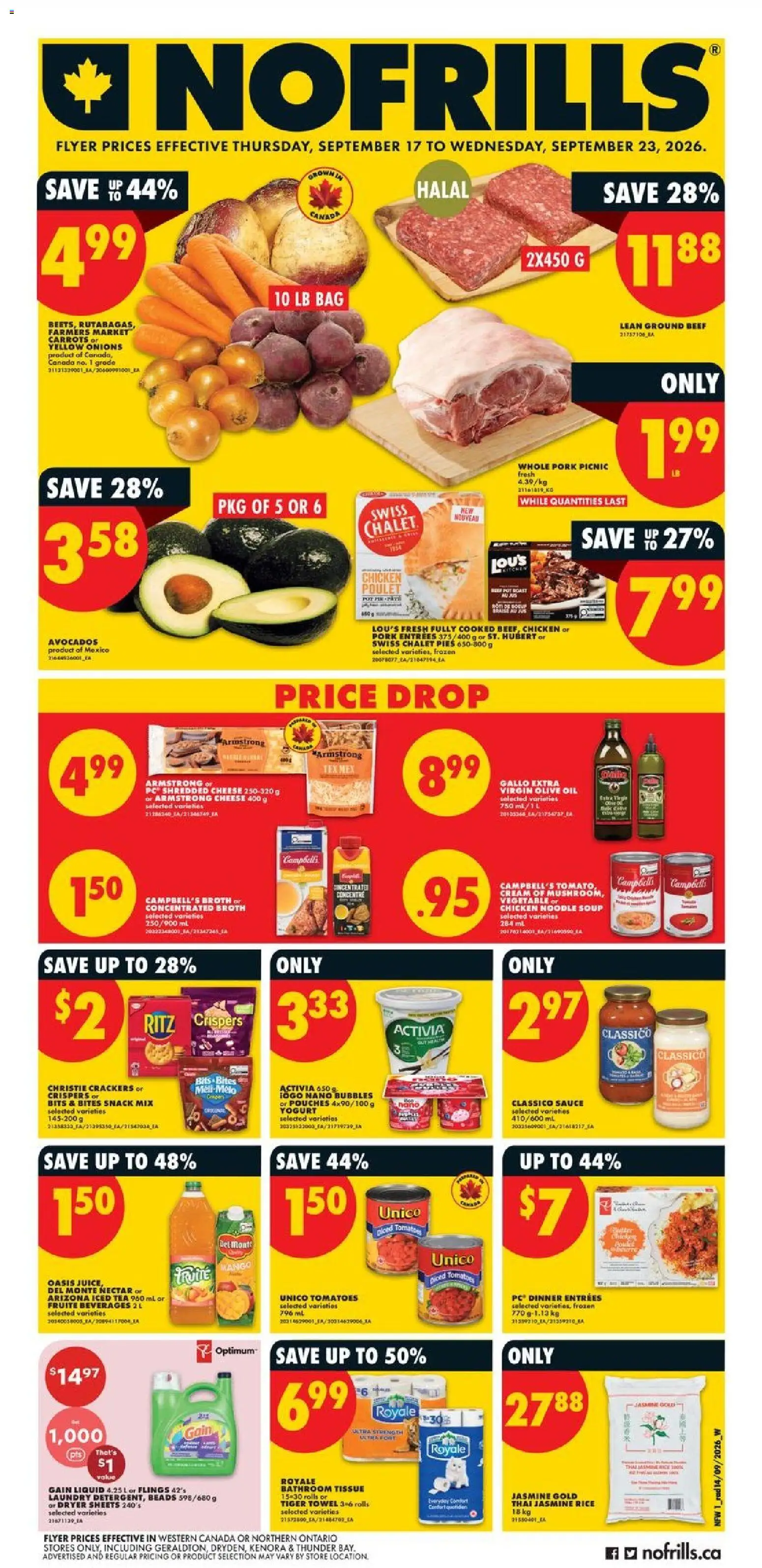 Preview of leaflet No Frills weekly flyer - AB from shop No Frills is valid from Sep 17, 2026 - PC, Yogurt, Bag, Olive oil, Cream, Ground beef, Jasmine rice, Broth
