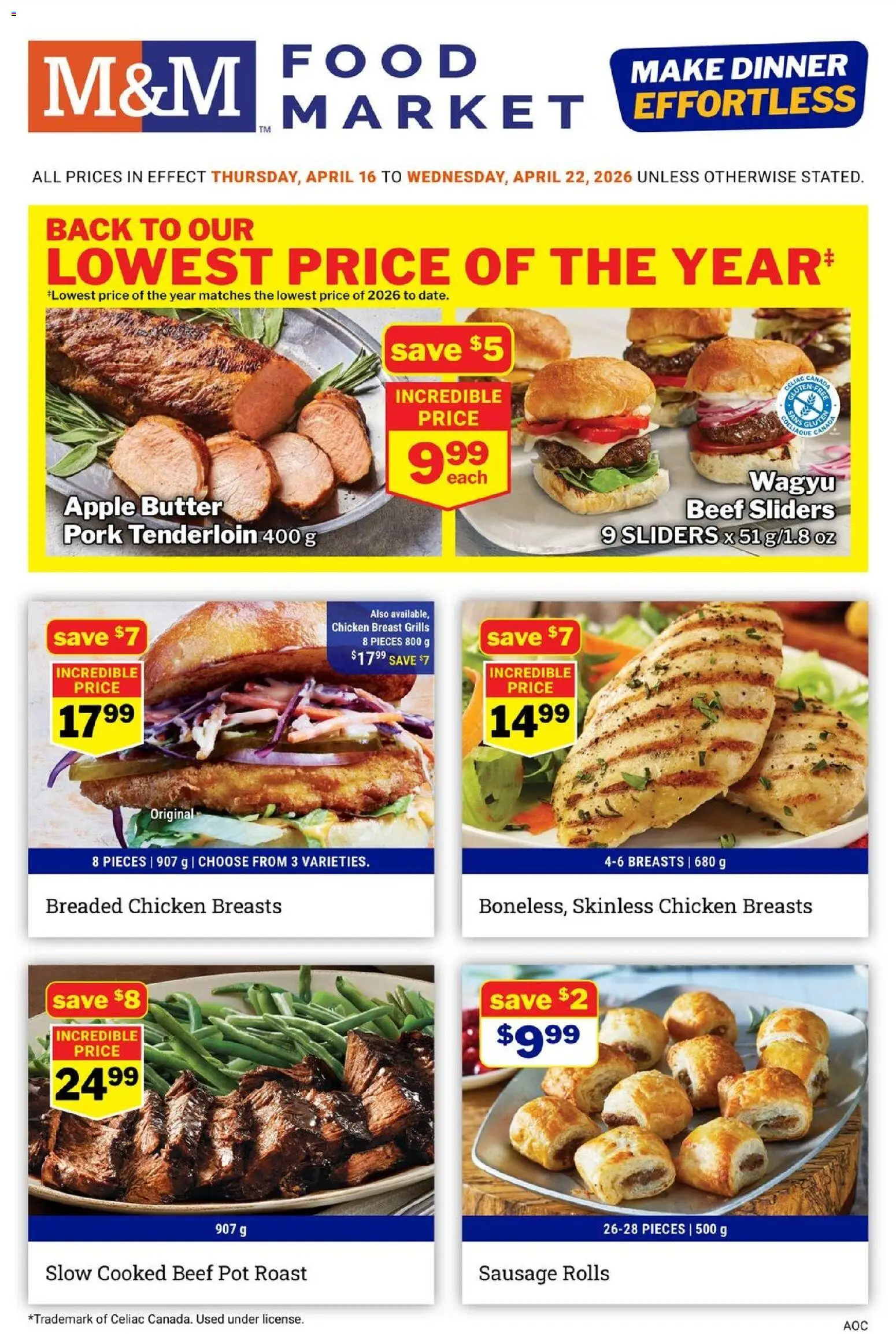 Preview of leaflet M&M Food Market weekly flyer / circulaire from shop M&M Food Market is valid from Apr 16, 2026 - Food, Chicken, Butter, Sausage, Pork tenderloin, Pork, Chicken breasts, Chicken breast