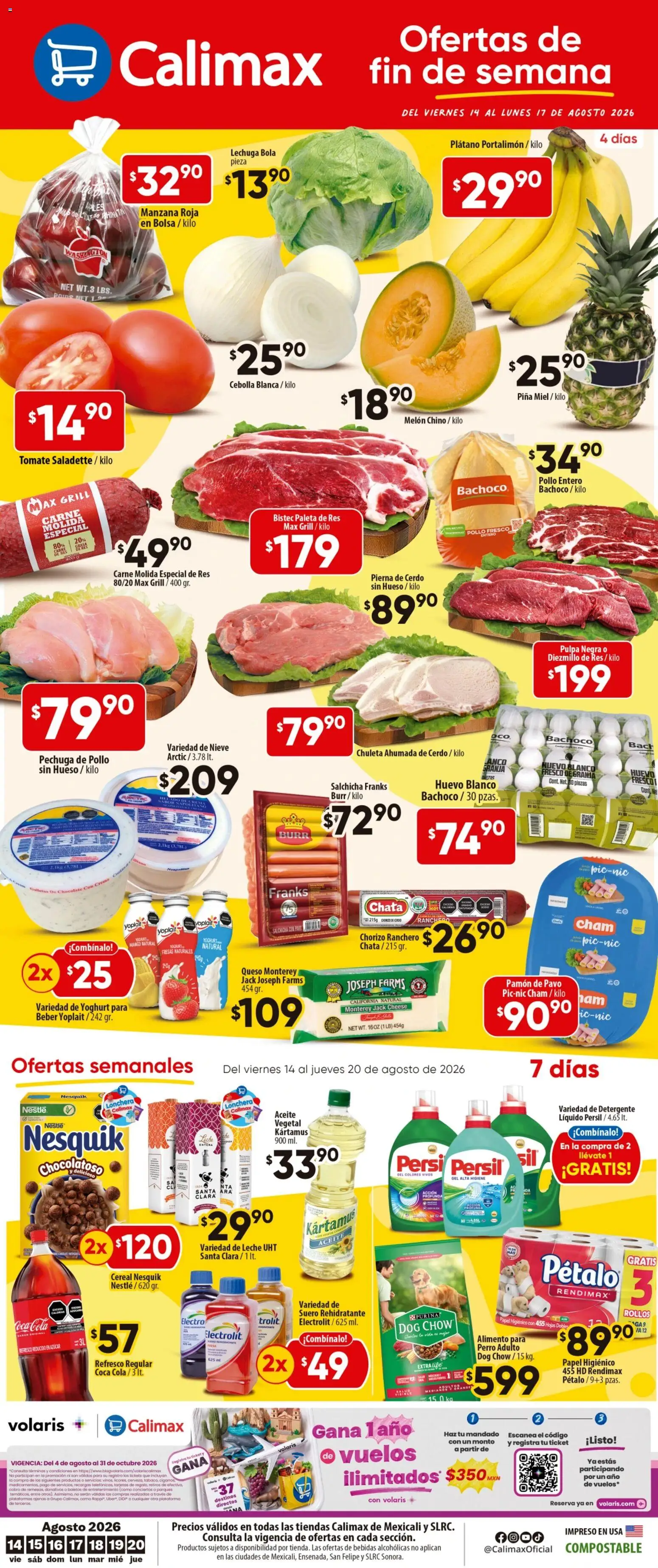 Vista previa las ofertas de la tienda Calimax - Calimax folleto Mexicali y SLRC desde el 14/08/2026 - Fresas, Queso, Refresco, Lechuga, Pierna de cerdo, Carne molida, Galletas de chocolate, Leche UHT