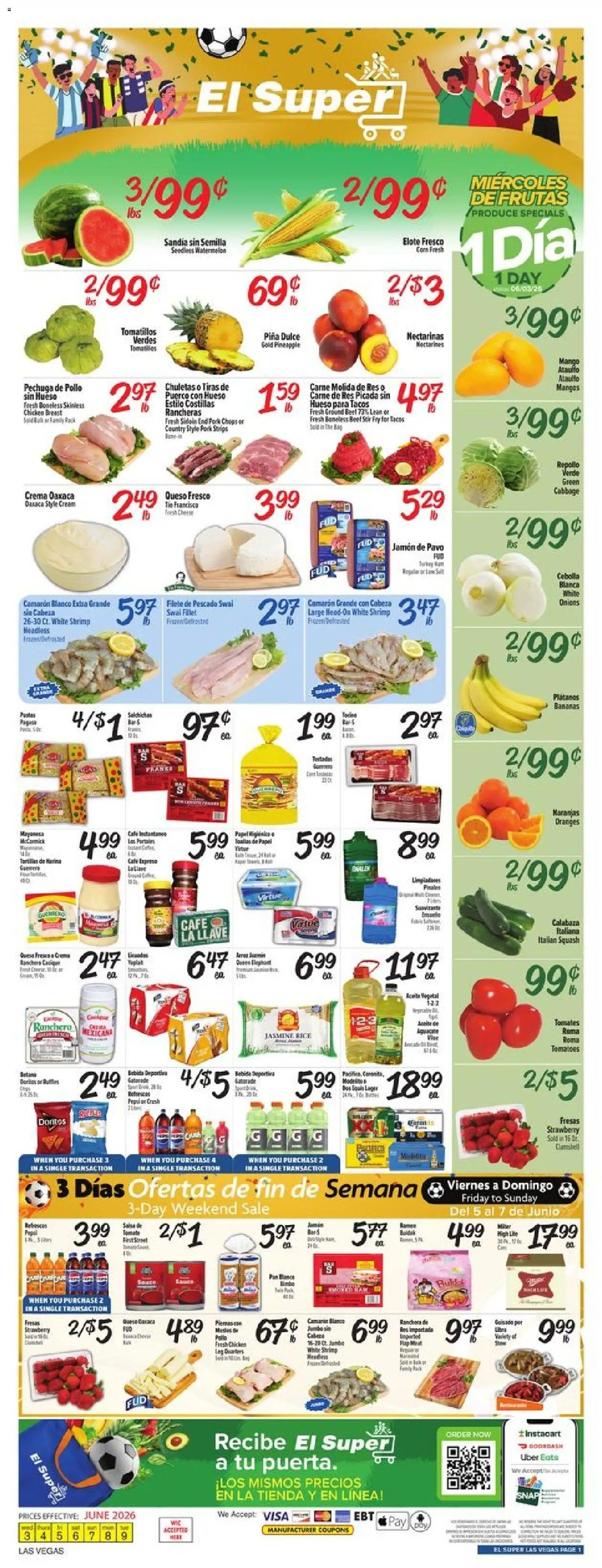 Ad Preview of El Super El Super Weekly Ad - NV from 06/03/2026 - Oranges, Chips, Watermelon, Tomatoes, Pineapple, Corn, Pepsi, Ground beef