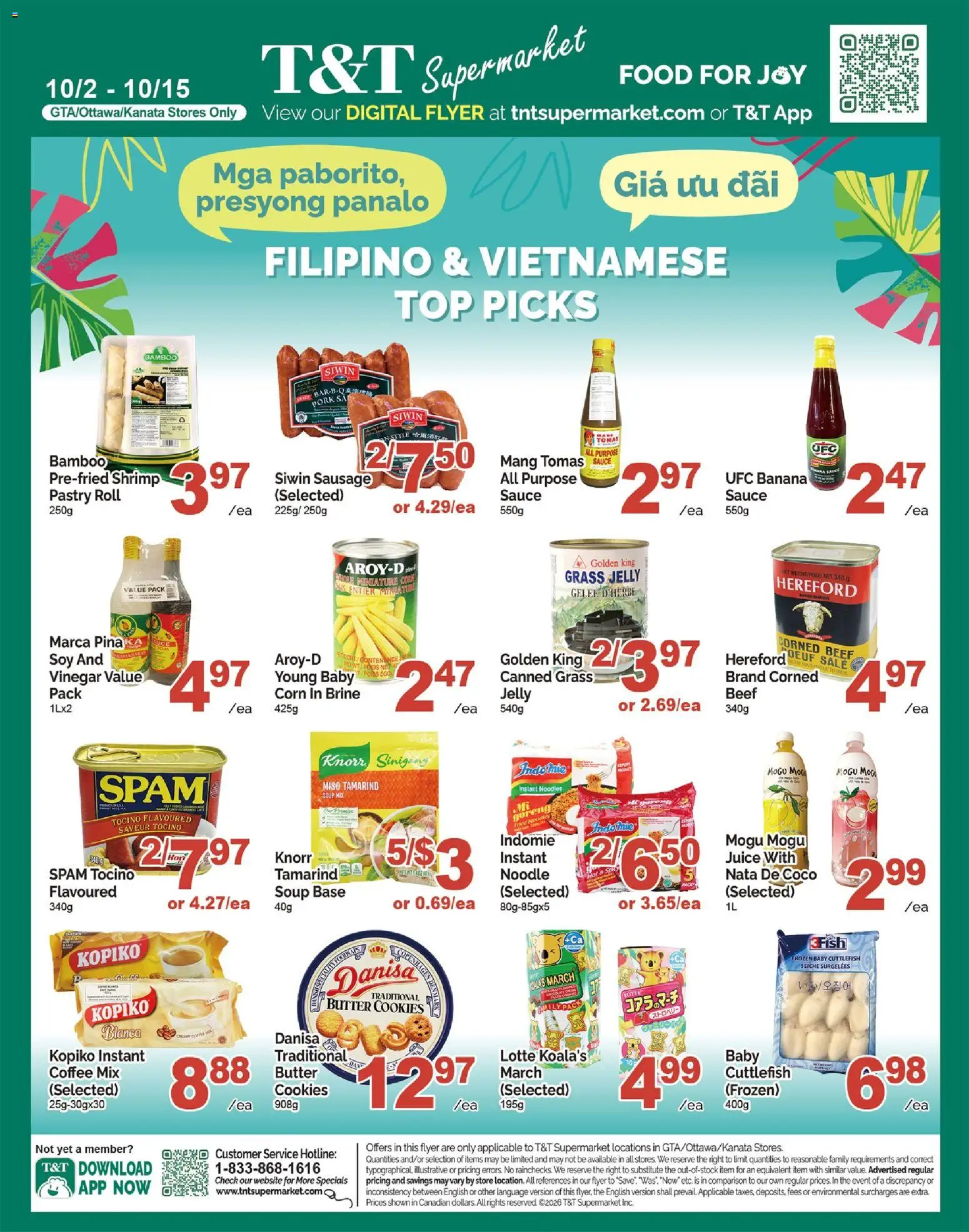 Preview of leaflet T&T Supermarket flyer - Filipino & Vietnamese Top Picks from shop T&T Supermarket is valid from Oct 02, 2026 - Food, Noodles, Cookies, Shrimp, Juice, Sausage, Vinegar, Instant coffee