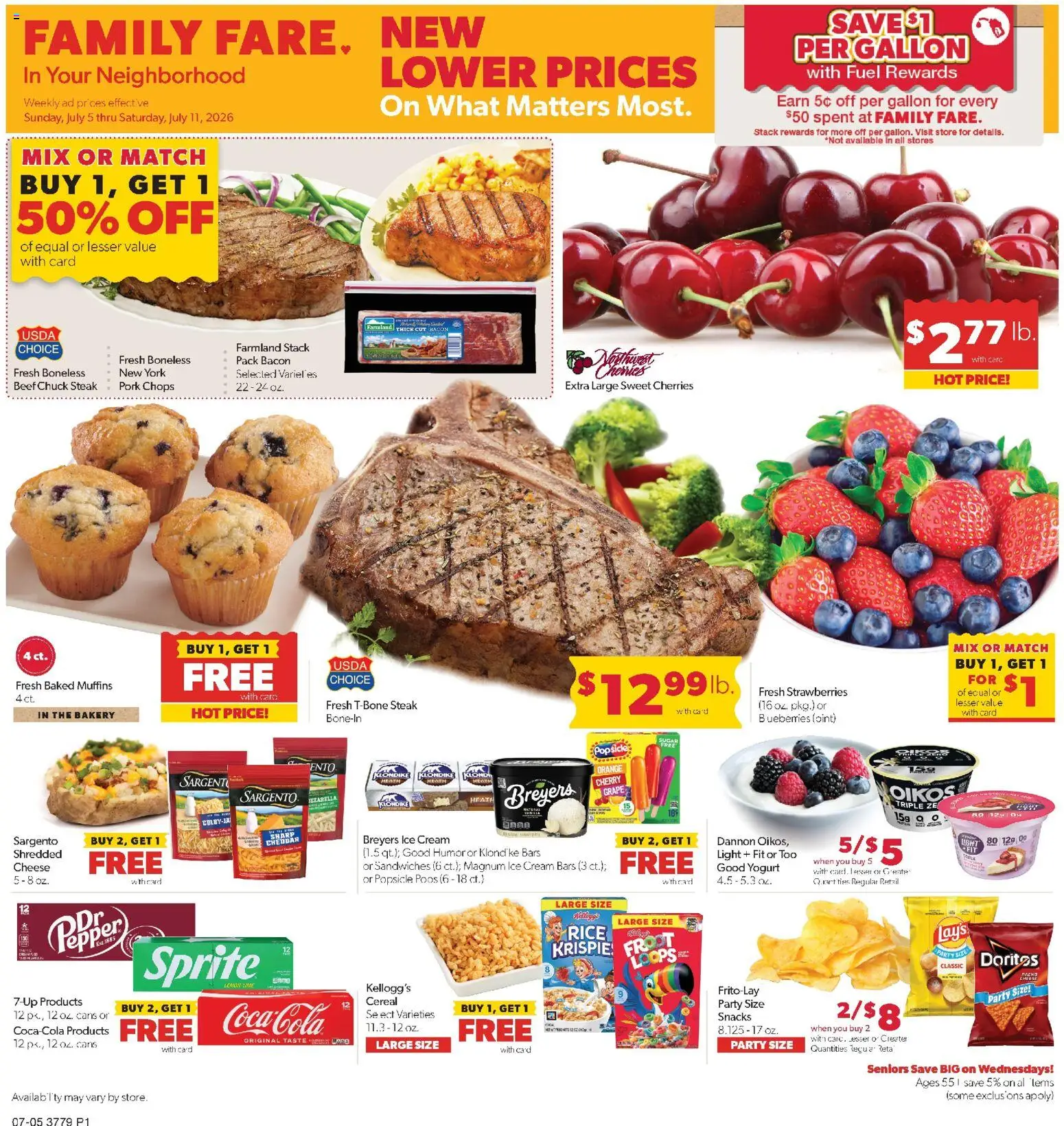 Ad Preview of Family Fare Family Fare Weekly Ad - IA from 07/05/2026 - Steak, Strawberries, Cheese, Cherries, Rice, Bacon, Pepper, Beef