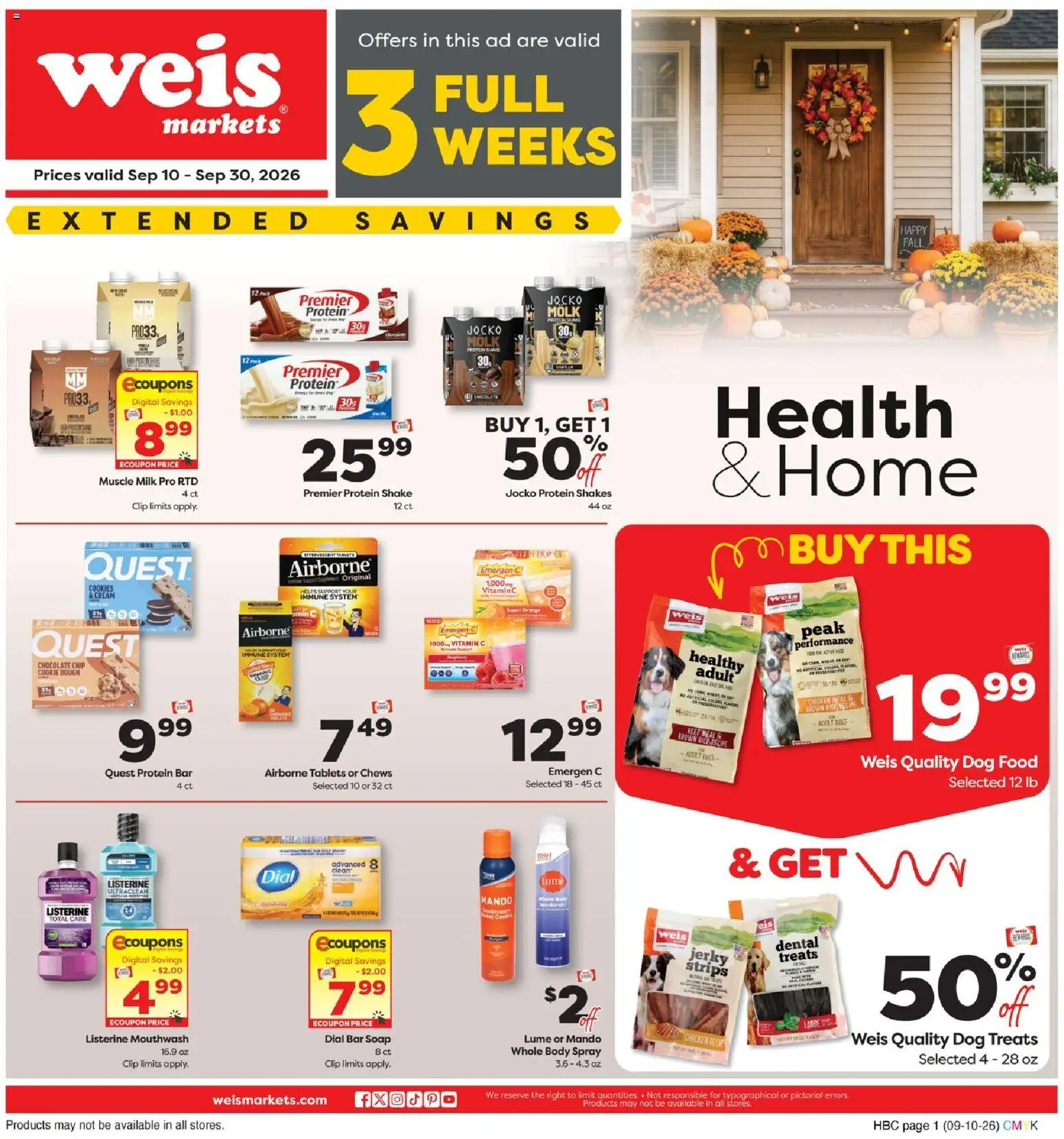 Ad Preview of Weis Weis Natural & Living from 09/10/2026 - Milk, Protein, Vitamin, Beef, Protein bar, Clip, Dough, Chicken