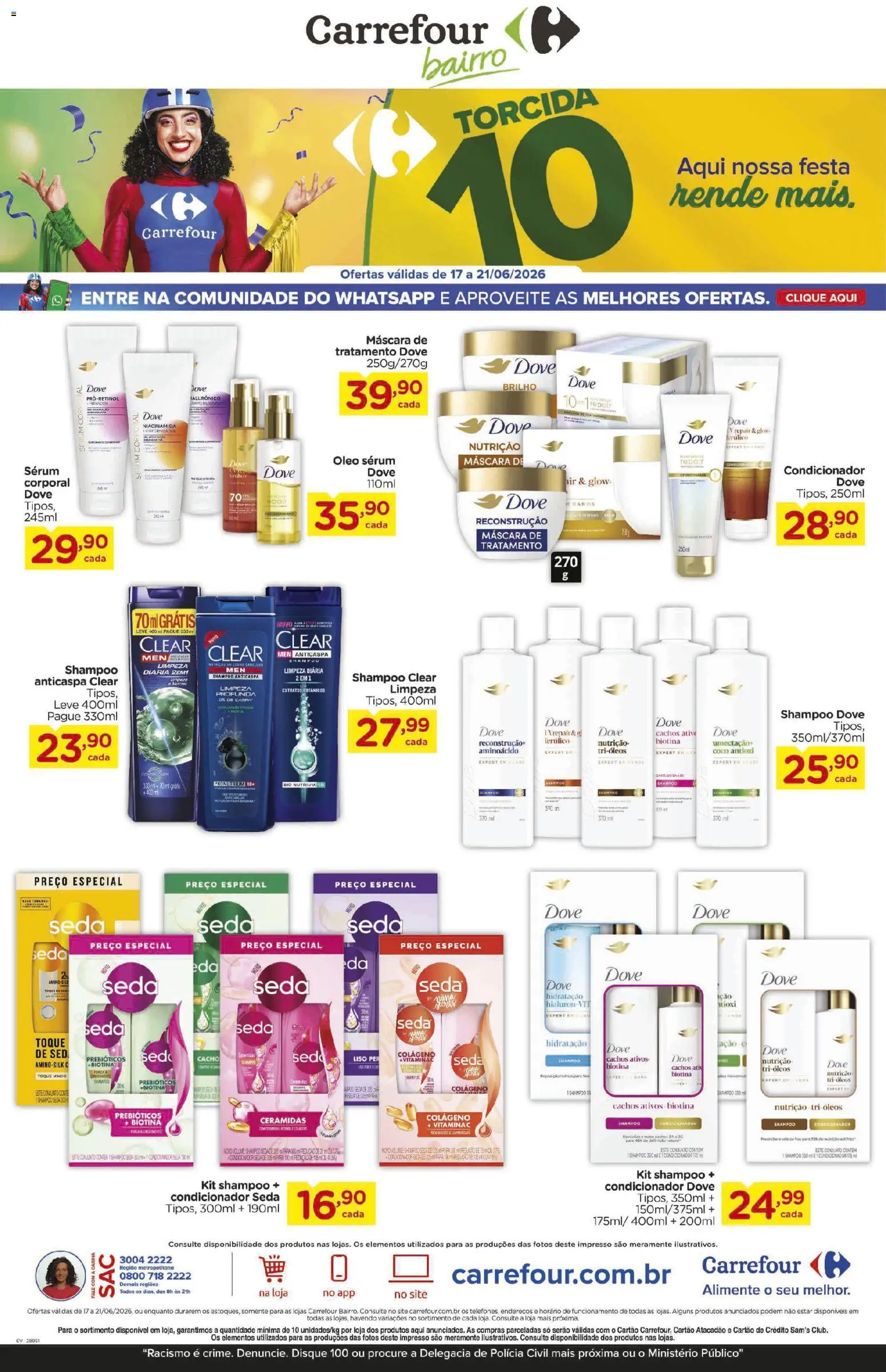 Pré-Visualização do folheto "Carrefour Bairro ofertas Unilever" da loja Carrefour Bairro válido a partir de 17/06/2026 - Coco, Shampoo, Colágeno, Óleo, Shampoo anticaspa, Sérum, Dove, Condicionador