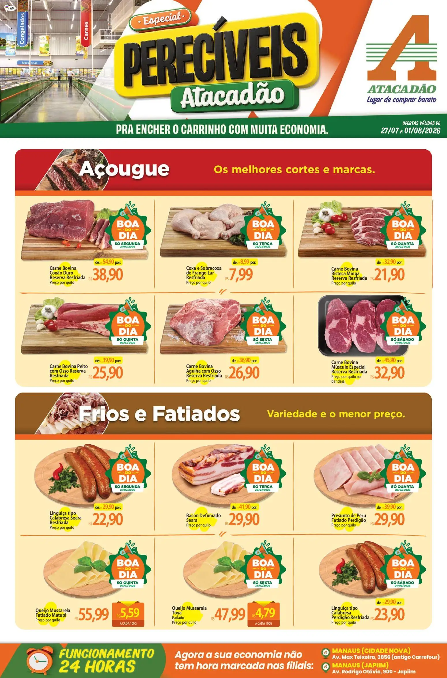 Pré-Visualização do folheto "Atacadão ofertas - AM" da loja Atacadão válido a partir de 27/07/2026 - Carrinho, Carne, Frango, Mussarela, Bacon, Presunto, Carne bovina, Coxão duro
