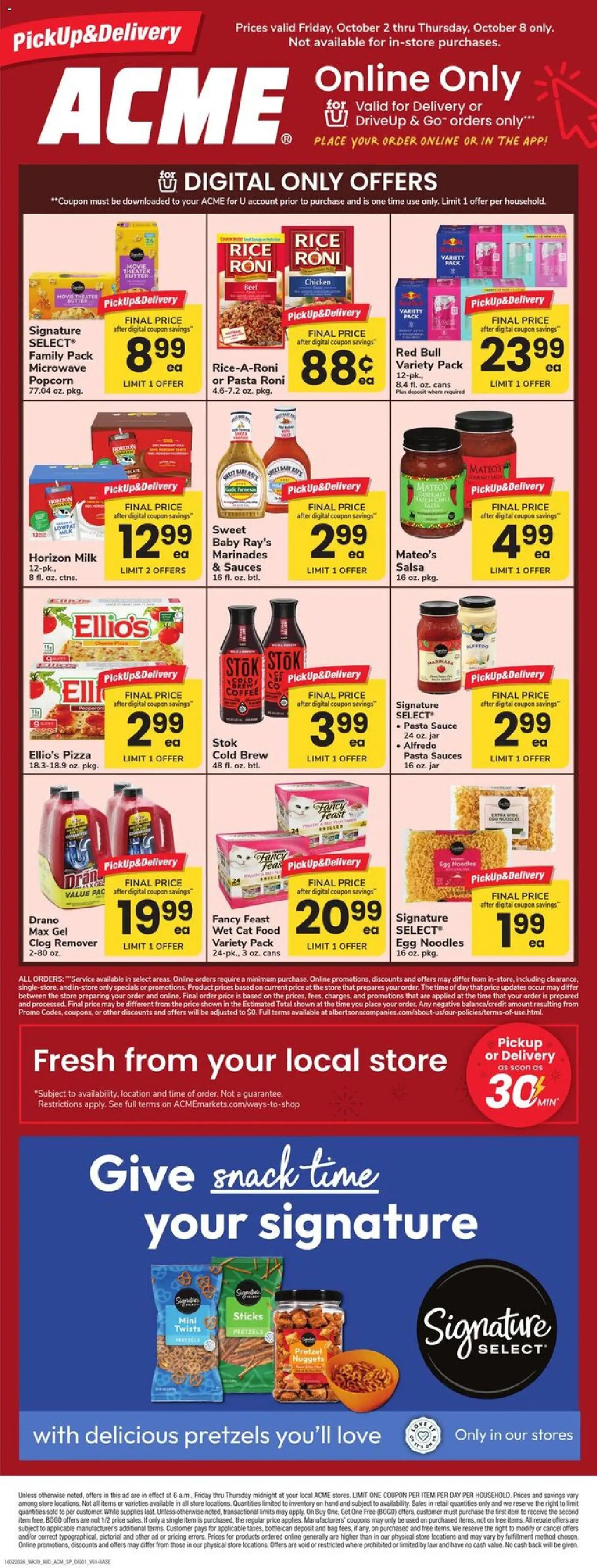 Ad Preview of Acme Acme Specialty Publication from 10/02/2026 - Pizza, Pasta, Popcorn, Red Bull, Milk, Cat Food, Sauce, Chicken