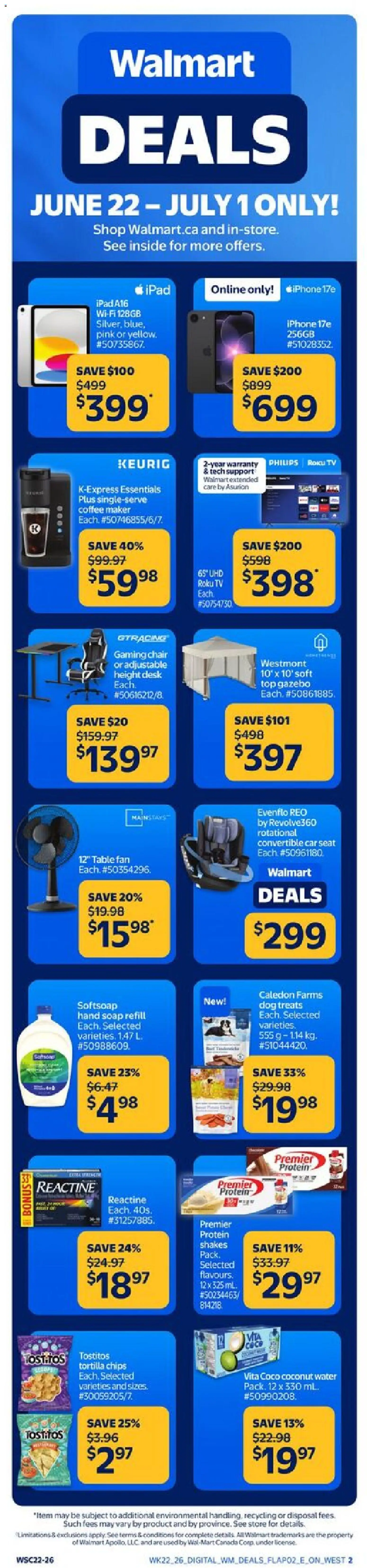 Preview of leaflet Walmart Deals from shop Walmart is valid from Jun 22, 2026 - Coffee, Shoes, Tv, Water, Protein, Chair, Coconut, Tortilla chips