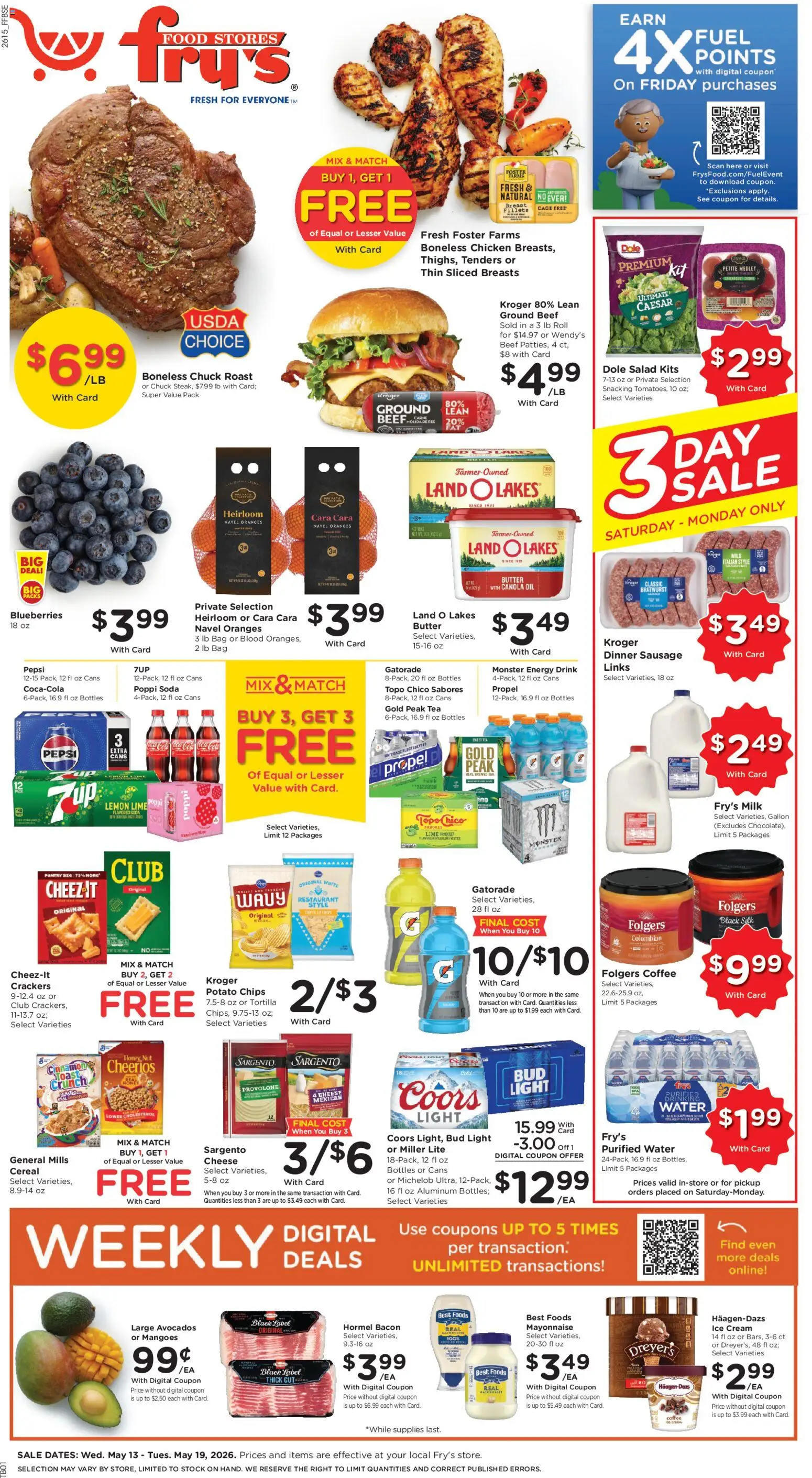Ad Preview of Fry's Food Fry's Food Weekly Ad from 05/13/2026 - Coffee, Ice cream, Water, Honey, Bratwurst, Cream, Potato chips, Chicken