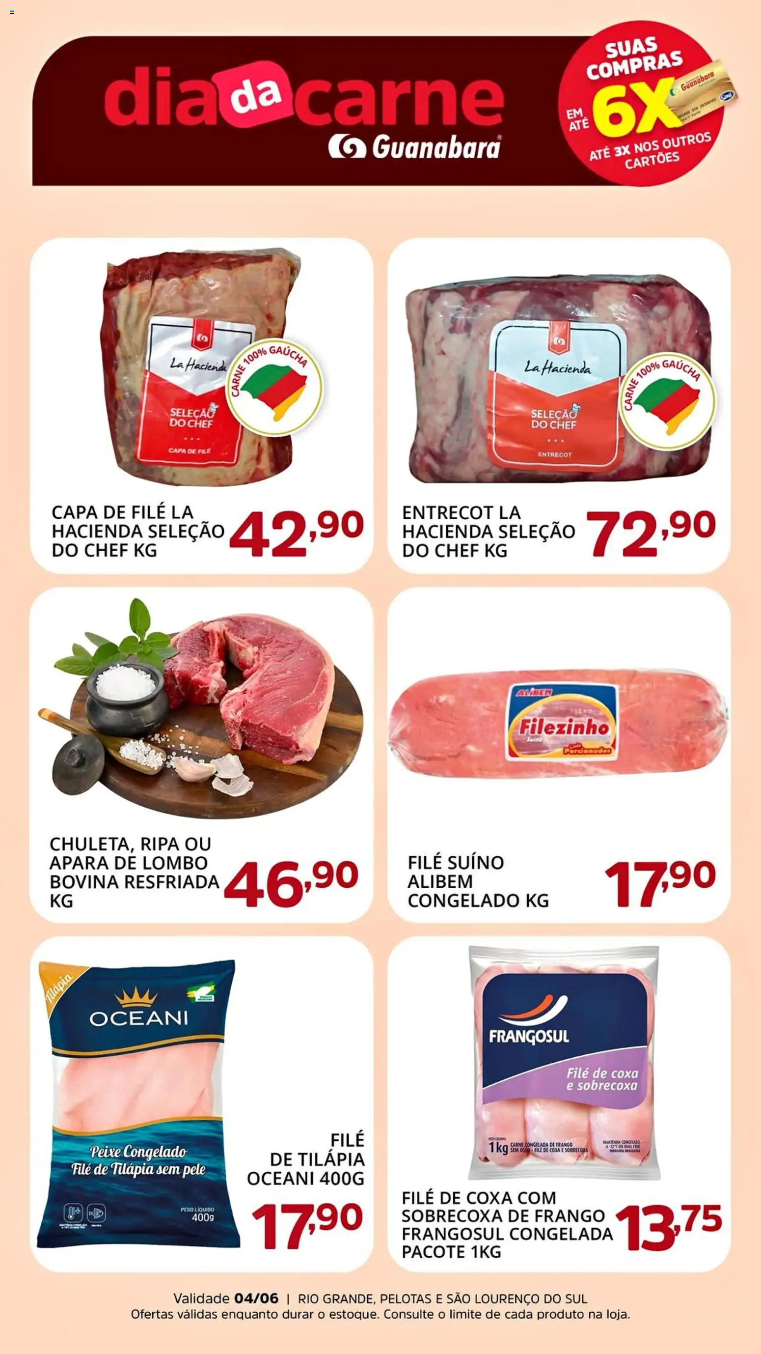 Pré-Visualização do folheto "Supermercado Guanabara - Ofertas da semana" da loja Supermercado Guanabara válido a partir de 04/06/2026 - Peixe, Carne, Frango, Filé de tilápia, Lombo, Tilápia, Sobrecoxa de frango