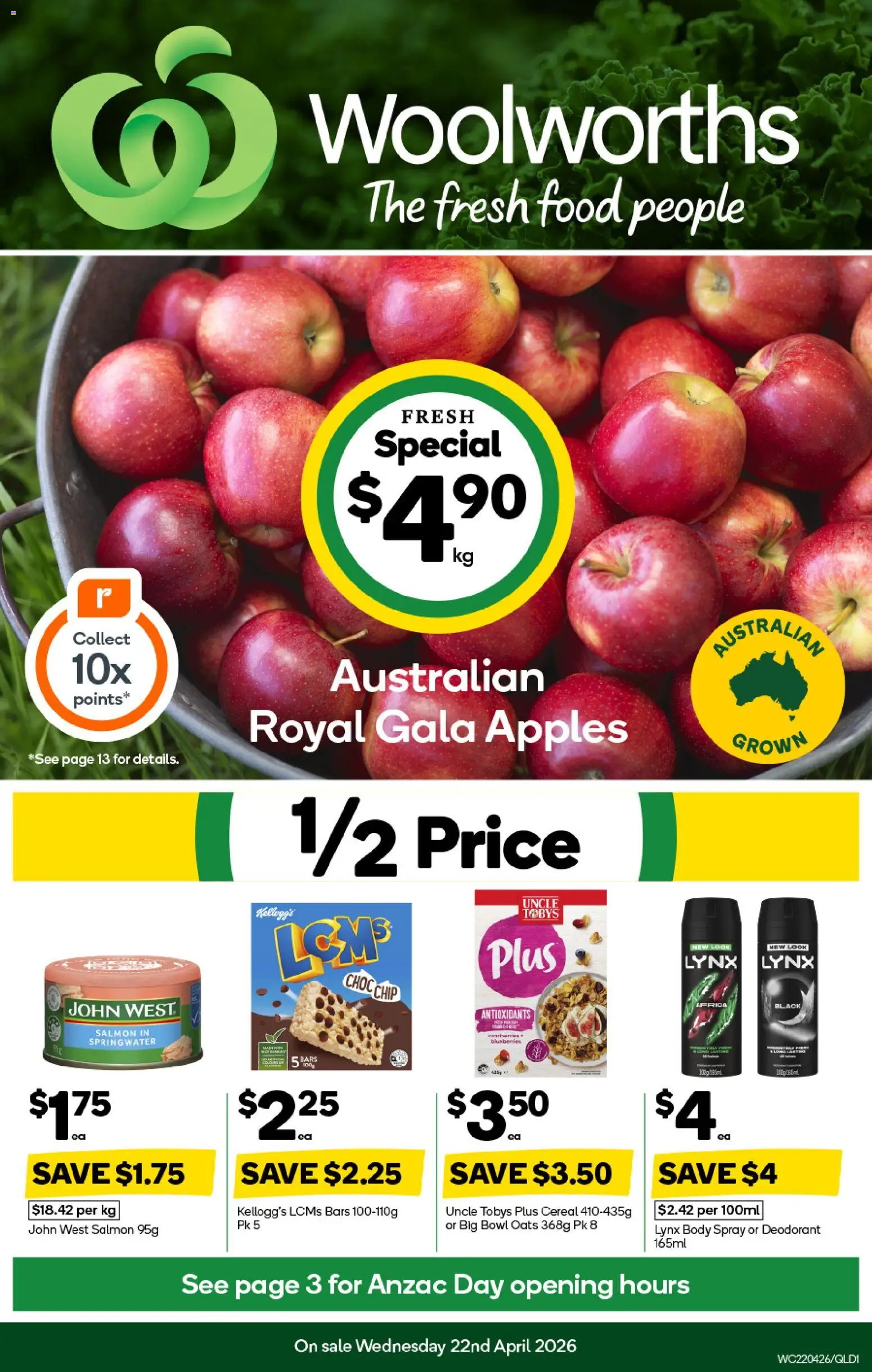 Preview of catalogue Woolworths catalogue QLD from shop Woolworths valid 22/04/2026 - Food, Apples, Deodorant, Oats, Cereal, Salmon, Blueberries