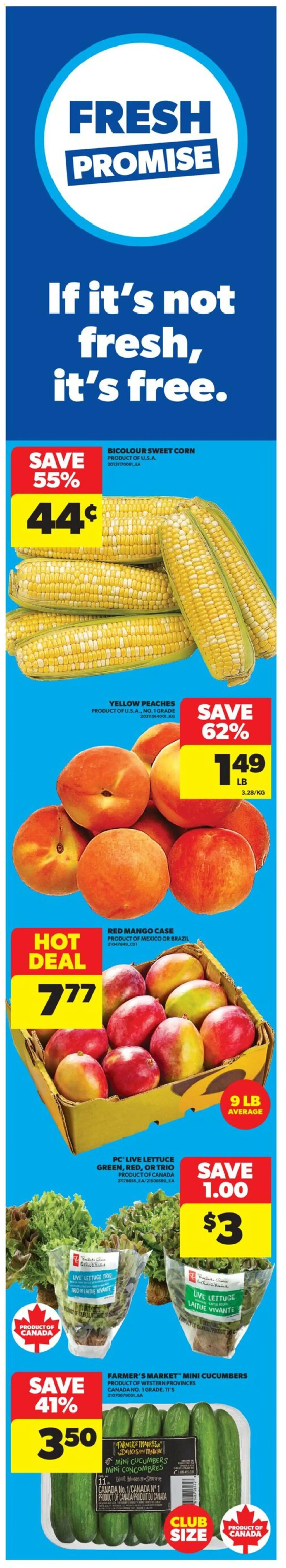 Preview of leaflet Real Canadian Superstore weekly flyer / circulaire from shop Real Canadian Superstore is valid from May 28, 2026 - Mango, Peaches, Cucumbers, Corn, Case