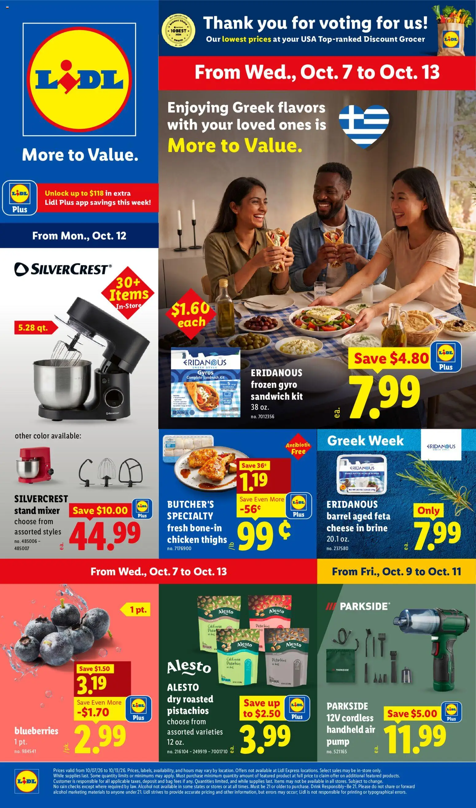 Ad Preview of Lidl Lidl Weekly Ad from 10/07/2026 - Alcohol, Gyros, Cheese, Blueberries, Pistachios, Chicken thighs, Pump, Chicken