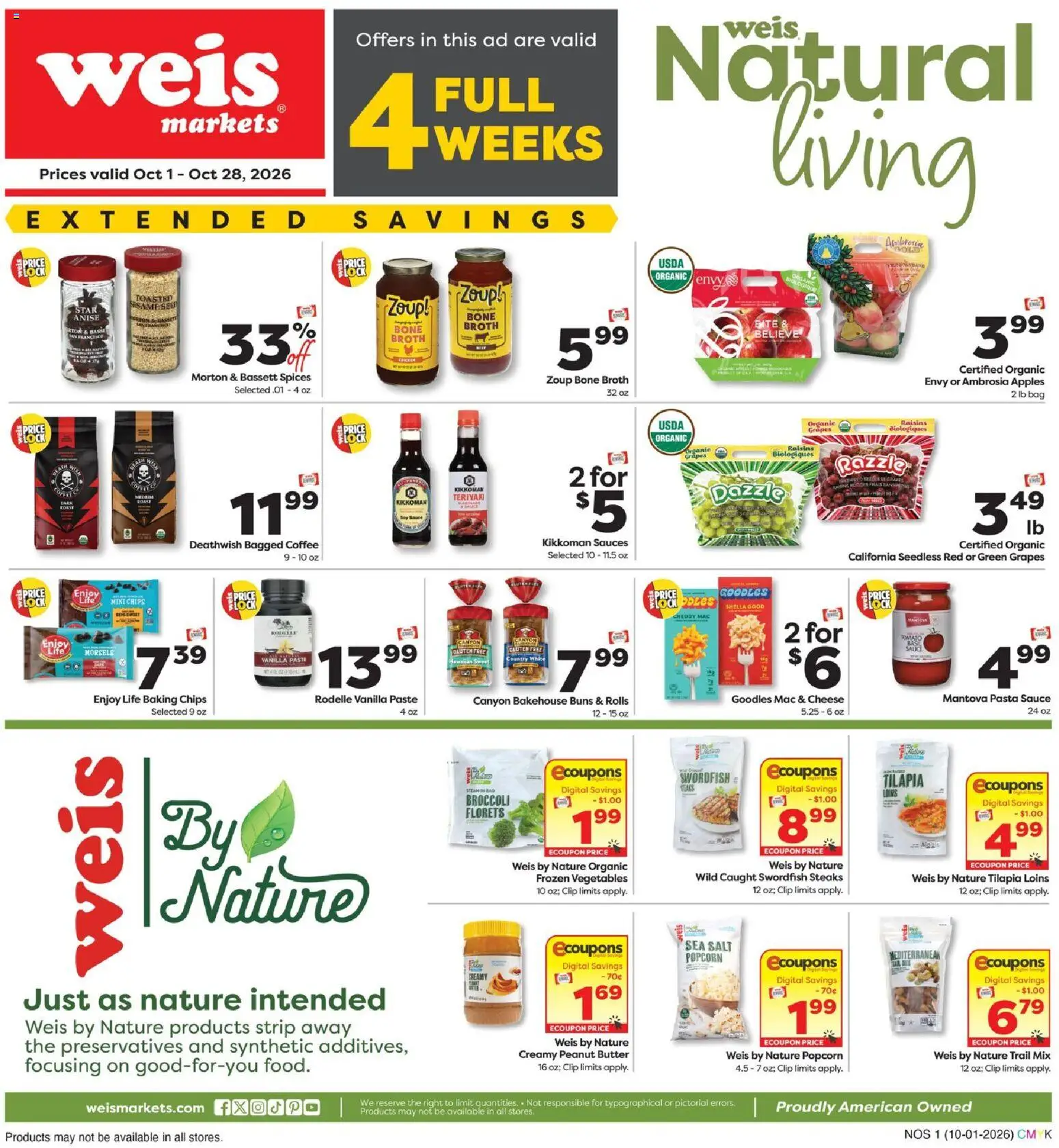 Ad Preview of Weis Weis Natural Living from 10/01/2026 - Apples, Broccoli, Butter, Bag, Vanilla, Raisins, Sauces, Soy sauce