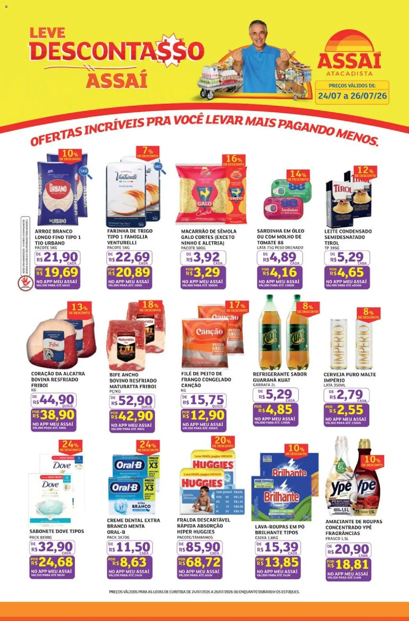 Pré-Visualização do folheto "Assaí Atacadista ofertas - PR" da loja Assaí Atacadista válido a partir de 24/07/2026 - Caixa, Roupas, Refrigerante, Bife ancho, Farinha de trigo, Dove, Amaciante, Pó