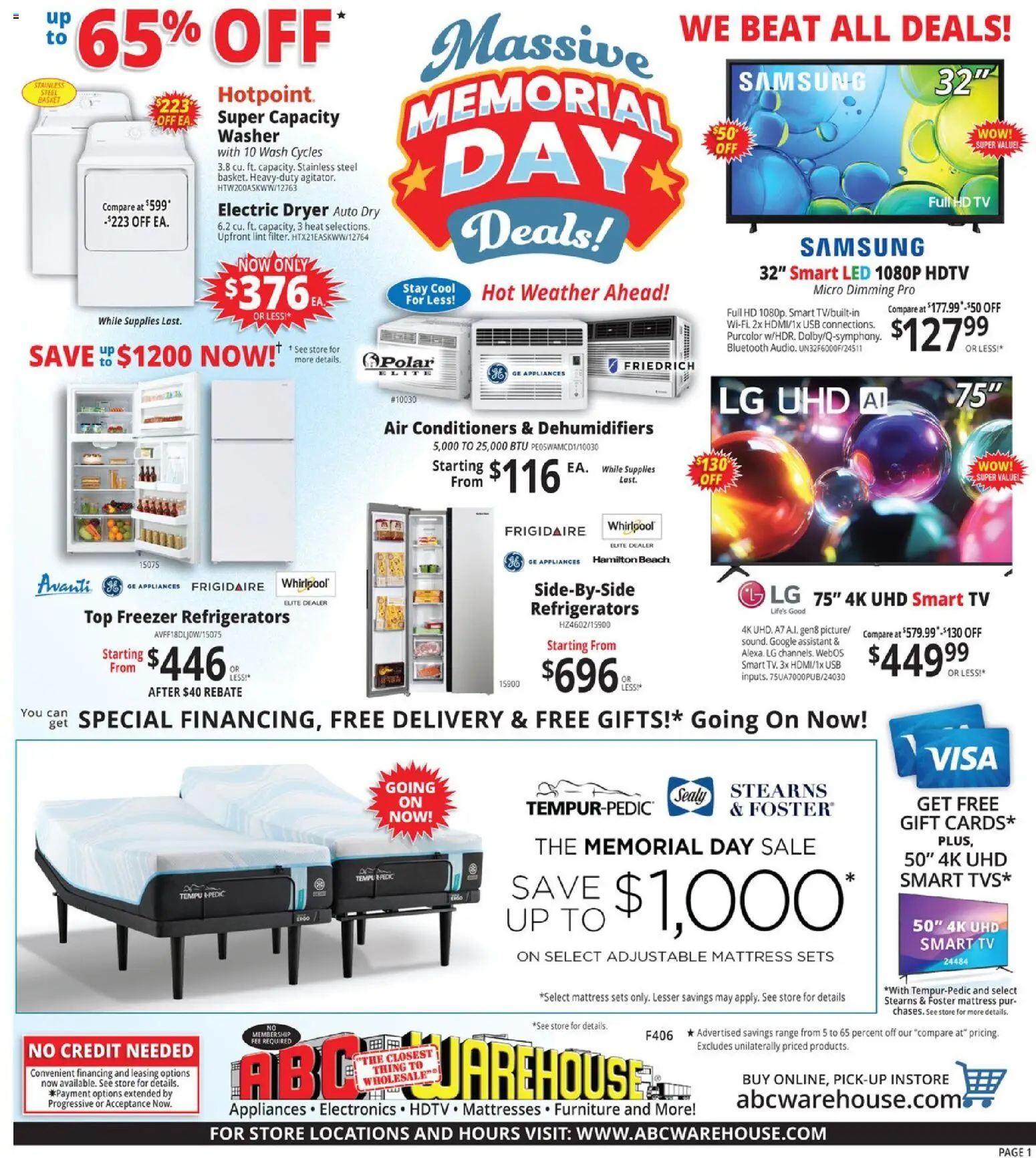 Ad Preview of ABC Warehouse ABC Warehouse Weekly Ad from 05/17/2026 - Tv, Mattress, Washer, Basket, Freezer, Dryer, Usb