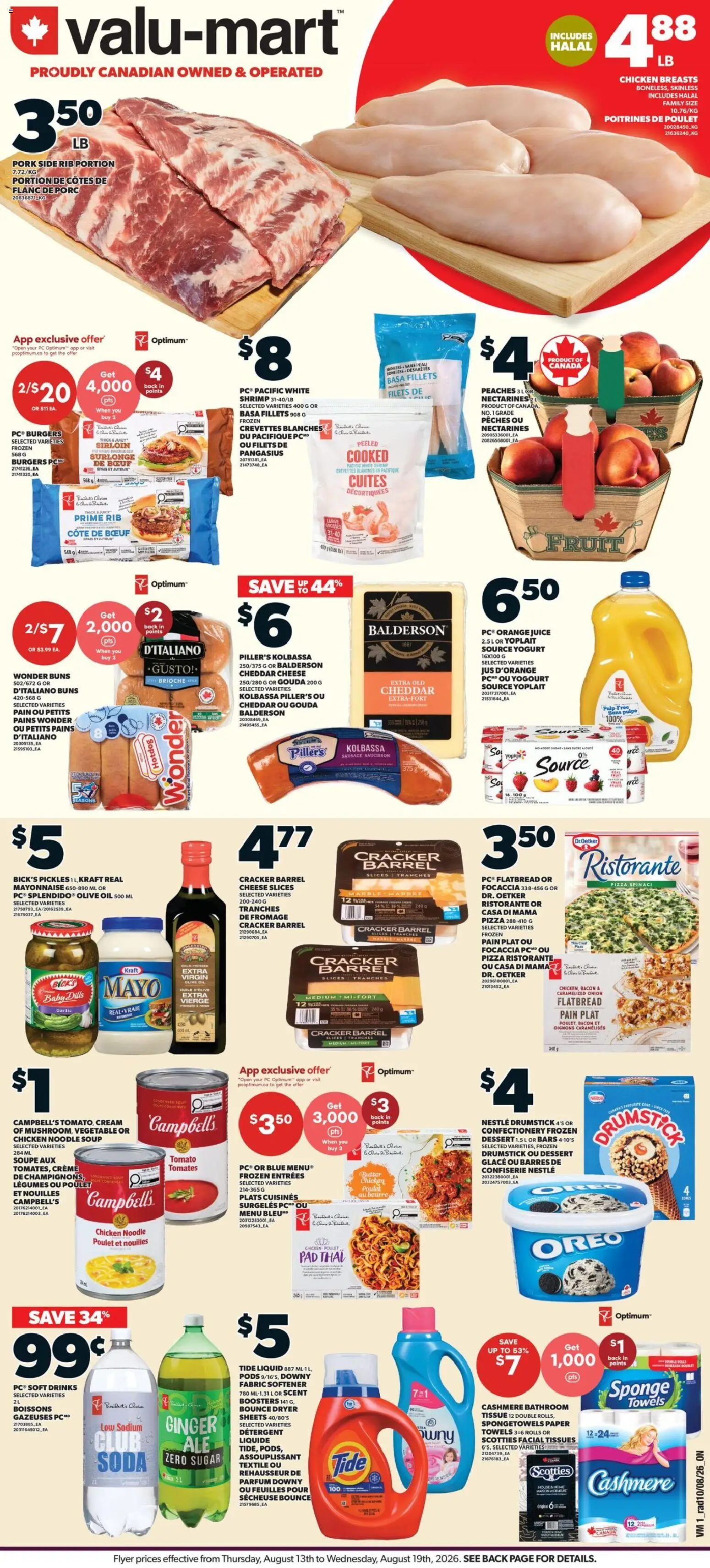 Preview of leaflet Valu Mart weekly flyer from shop Valu Mart is valid from Aug 13, 2026 - Burgers, Fruit, Juice, Bacon, Olive oil, Dryer, Tissues, Frozen chicken