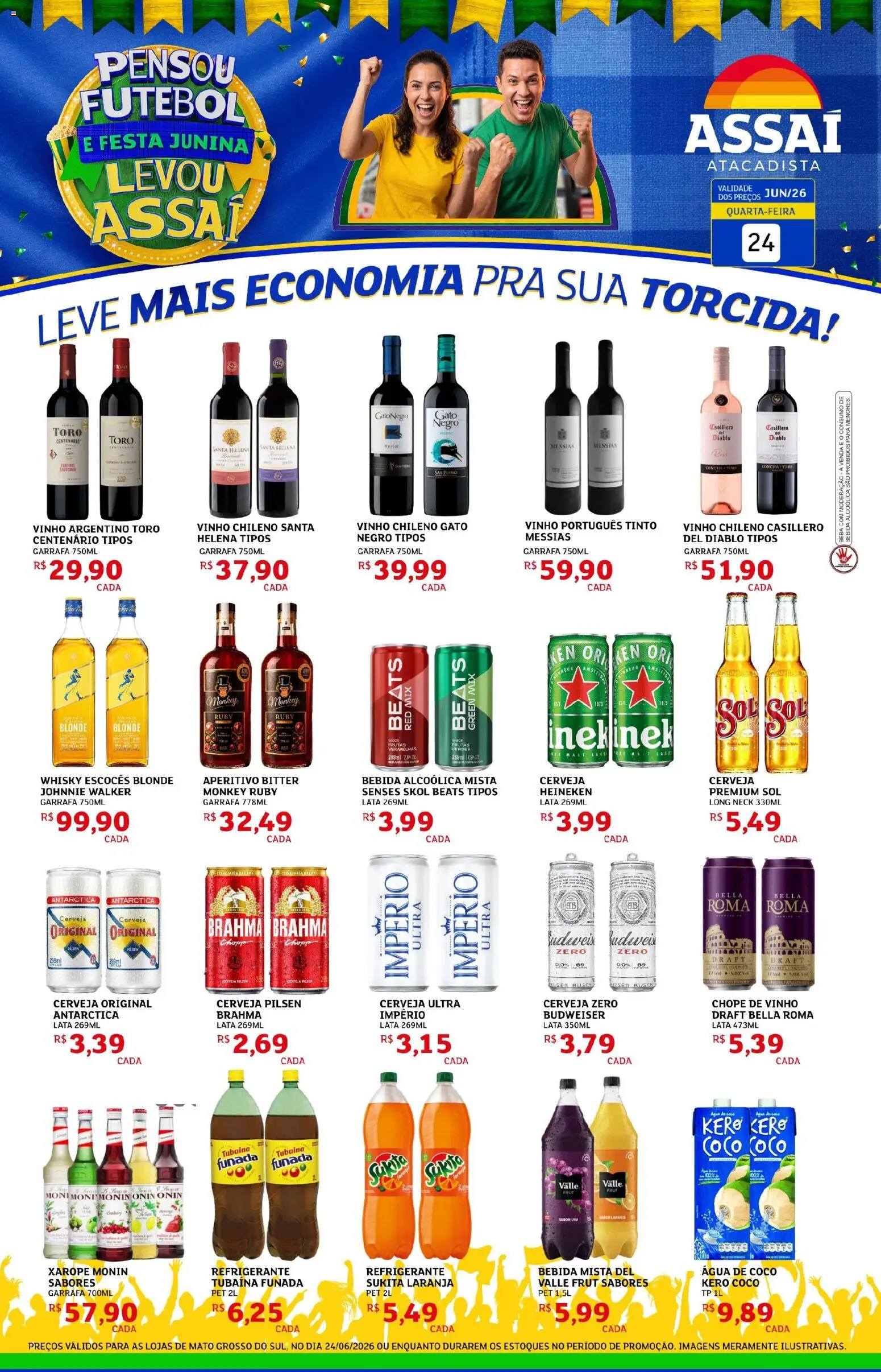 Pré-Visualização do folheto "Assaí Atacadista ofertas - MS" da loja Assaí Atacadista válido a partir de 24/06/2026 - Whisky, Heineken, Frutas, Cerveja, Vinho, Água de coco, Uva, Xarope Monin