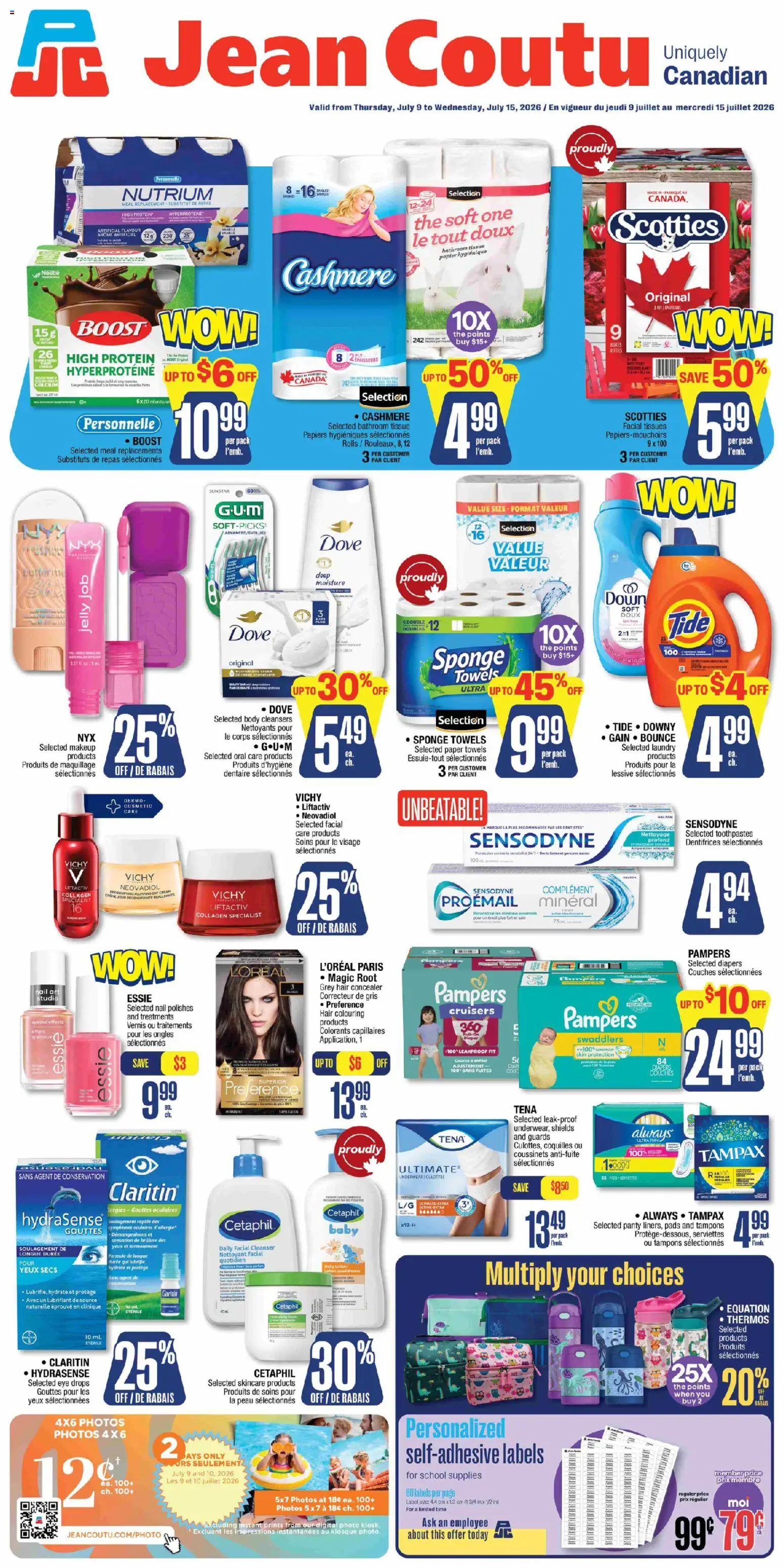 Preview of leaflet Jean Coutu weekly flyer from shop Jean Coutu is valid from Jul 09, 2026 - Protein, Tampons, Cream, Eye drops, Concealer, Paper towels, Towels, Tissues
