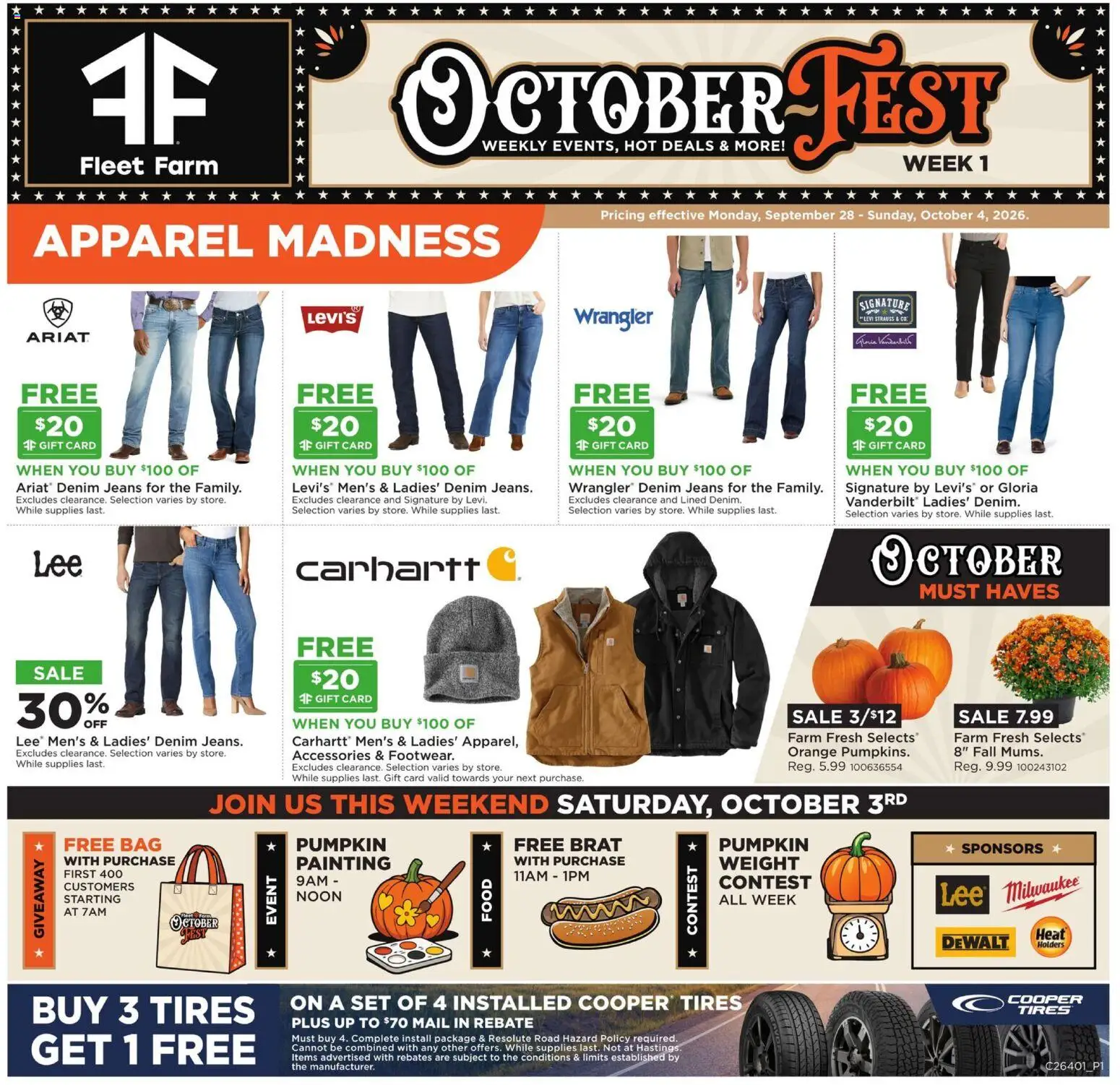 Ad Preview of Mills Fleet Farm Mills Fleet Farm Weekly Ad from 09/28/2026 - Jeans, Pumpkin, Bag, Weight