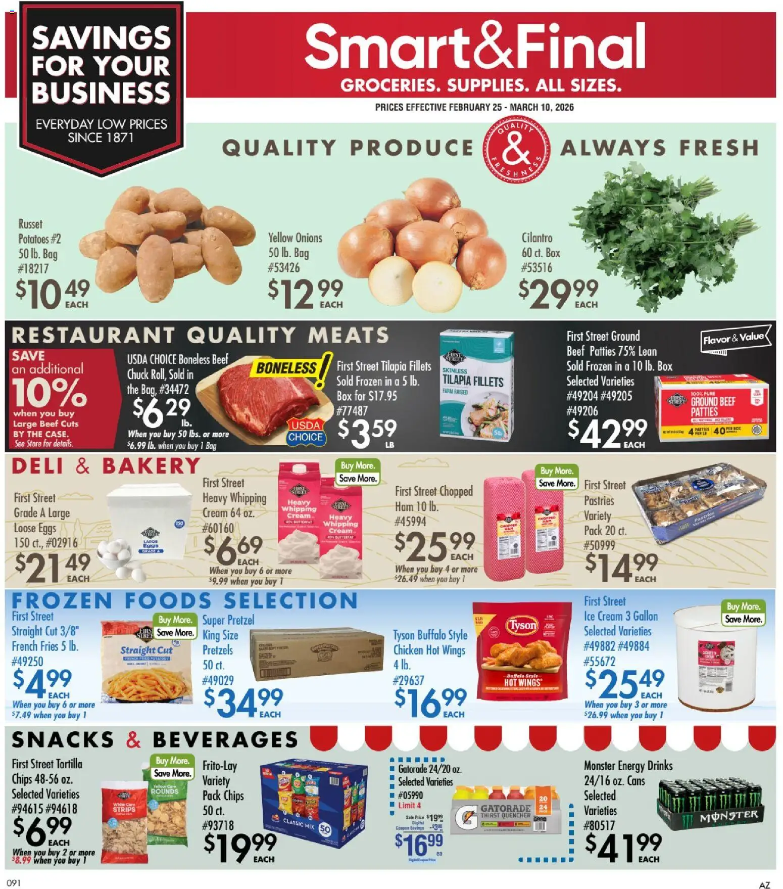 Ad Preview of Smart & Final Business & Club from 02/25/2026 - Ice cream, Box, Snacks, Chips, Beef, Ground beef, French fries, Chicken