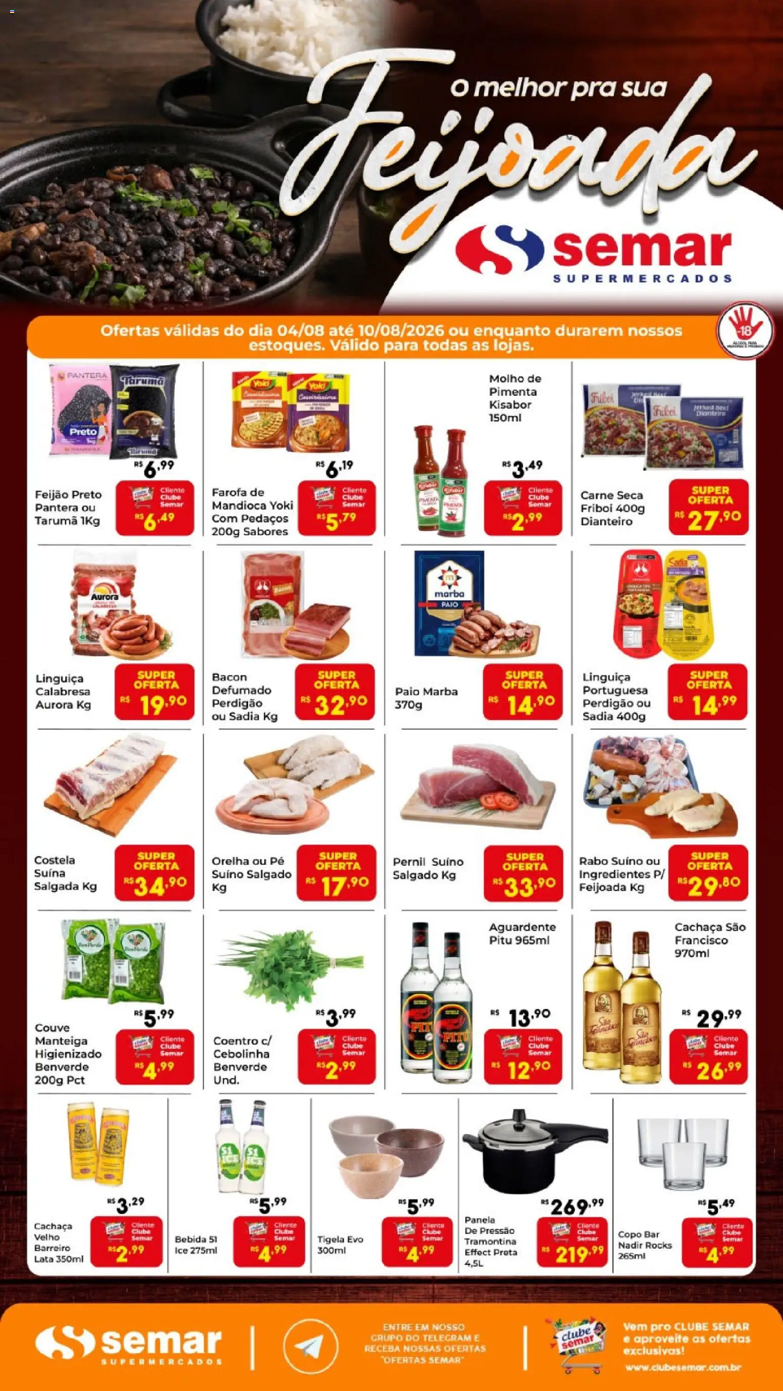Pré-Visualização do folheto "Semar Supermercado ofertas Feijoada" da loja Semar Supermercado válido a partir de 04/08/2026 - Bebida, Feijão, Couve, Linguiça, Pernil, Carne seca, Tigela, Pernil suíno