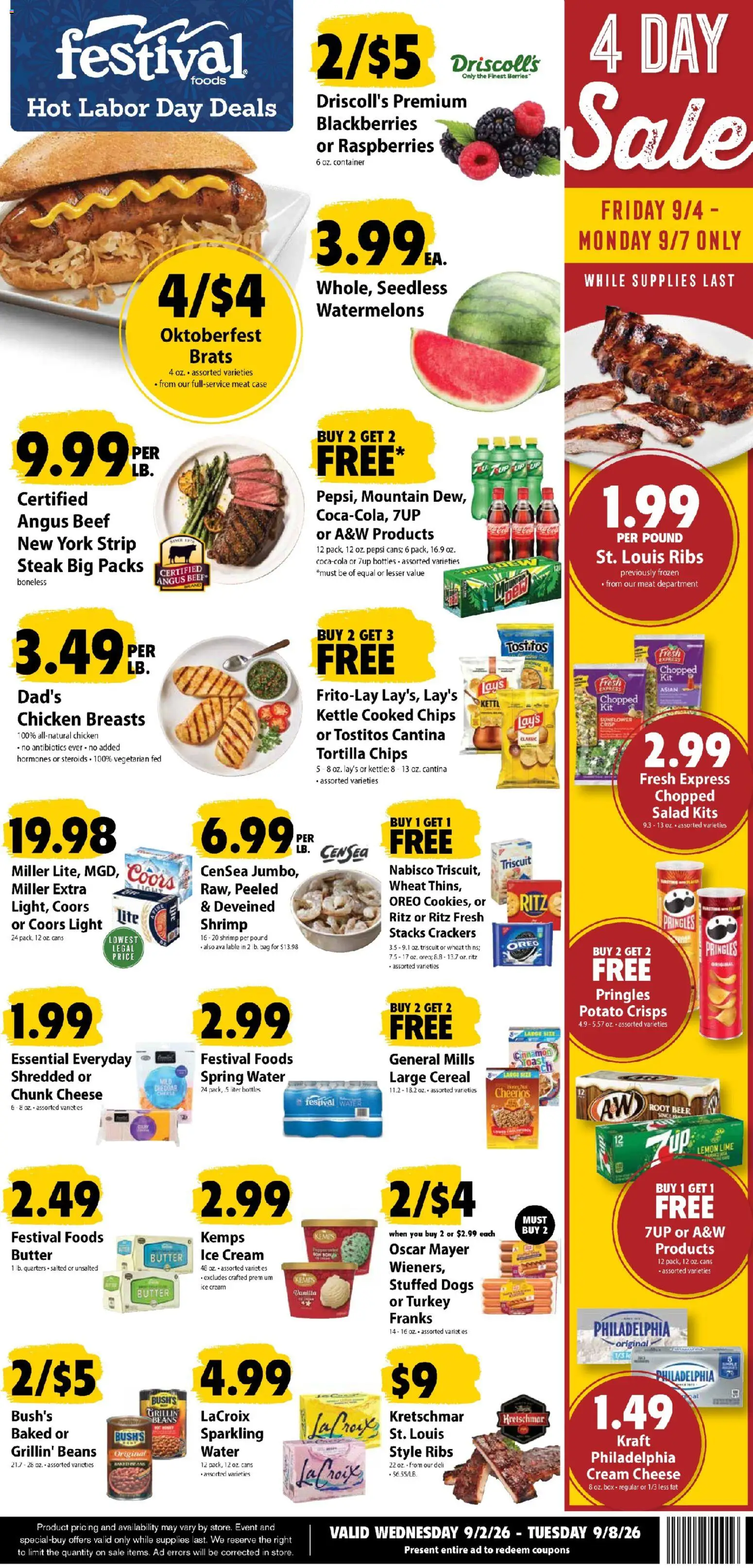 Ad Preview of Festival Foods Festival Foods Weekly Ad from 09/02/2026 - Water, Box, Beans, Beef, Cream, Spring water, Tortilla chips, Chicken