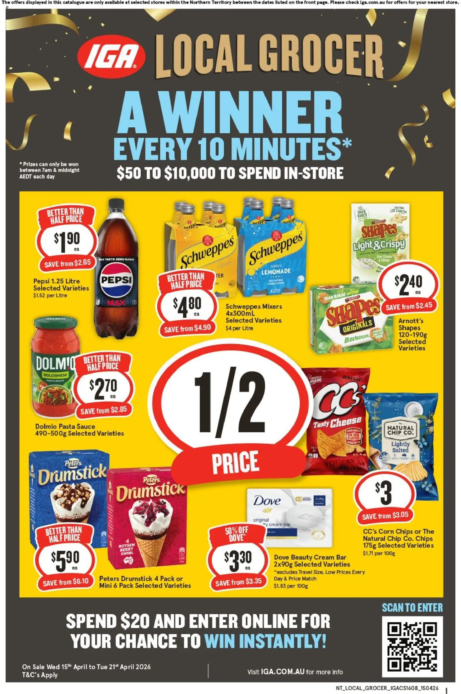 Preview of catalogue IGA Local Grocer NT from shop IGA valid 15/04/2026 - Corn, Cheese, Pepsi, Pasta, Chips, Cream, Sauce, Lemonade