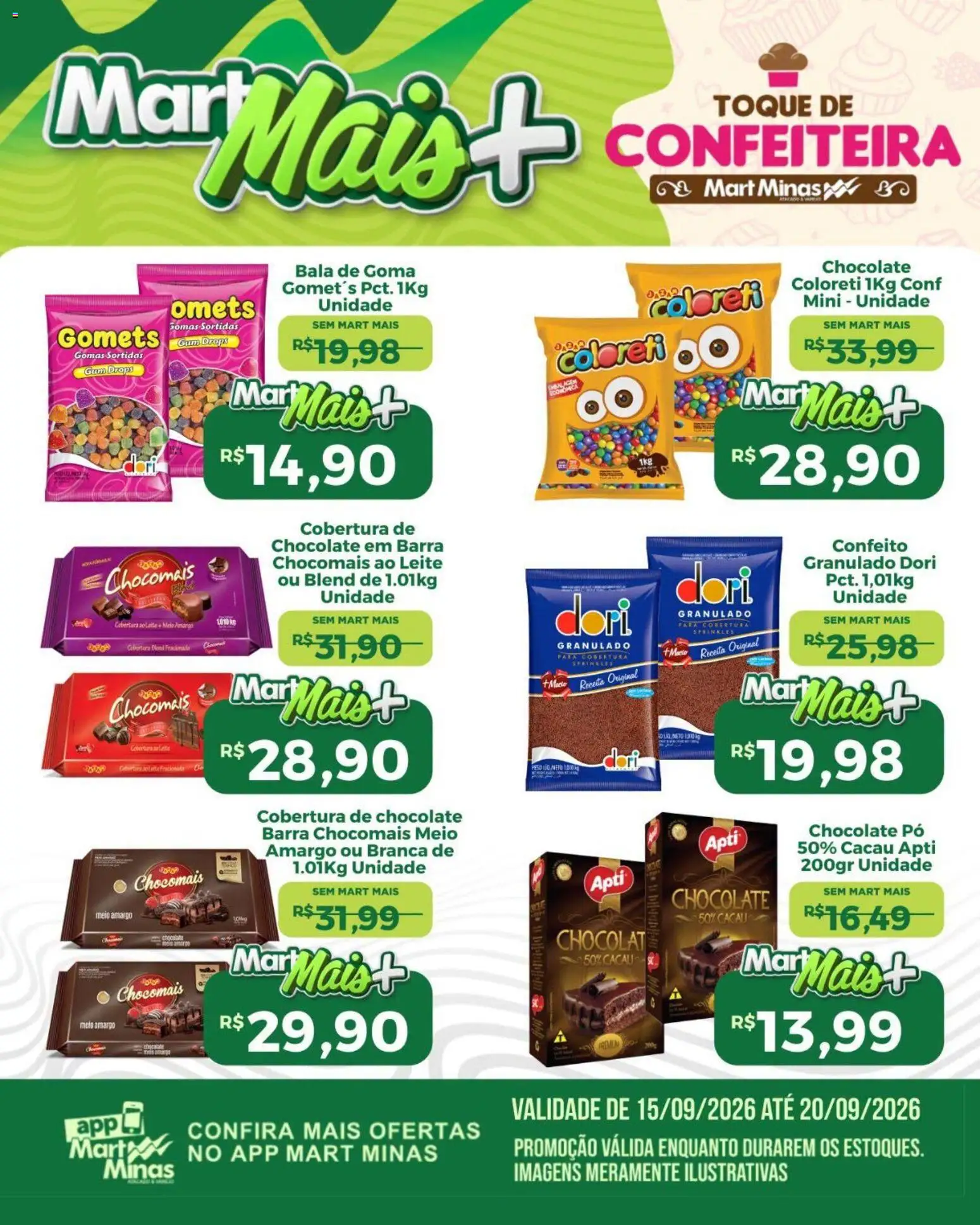 Pré-Visualização do folheto "Mart Minas ofertas Confeiteira" da loja Mart Minas válido a partir de 15/09/2026 - Chocolate, Chocolate em barra, Leite, Bala, Pó, Granulado