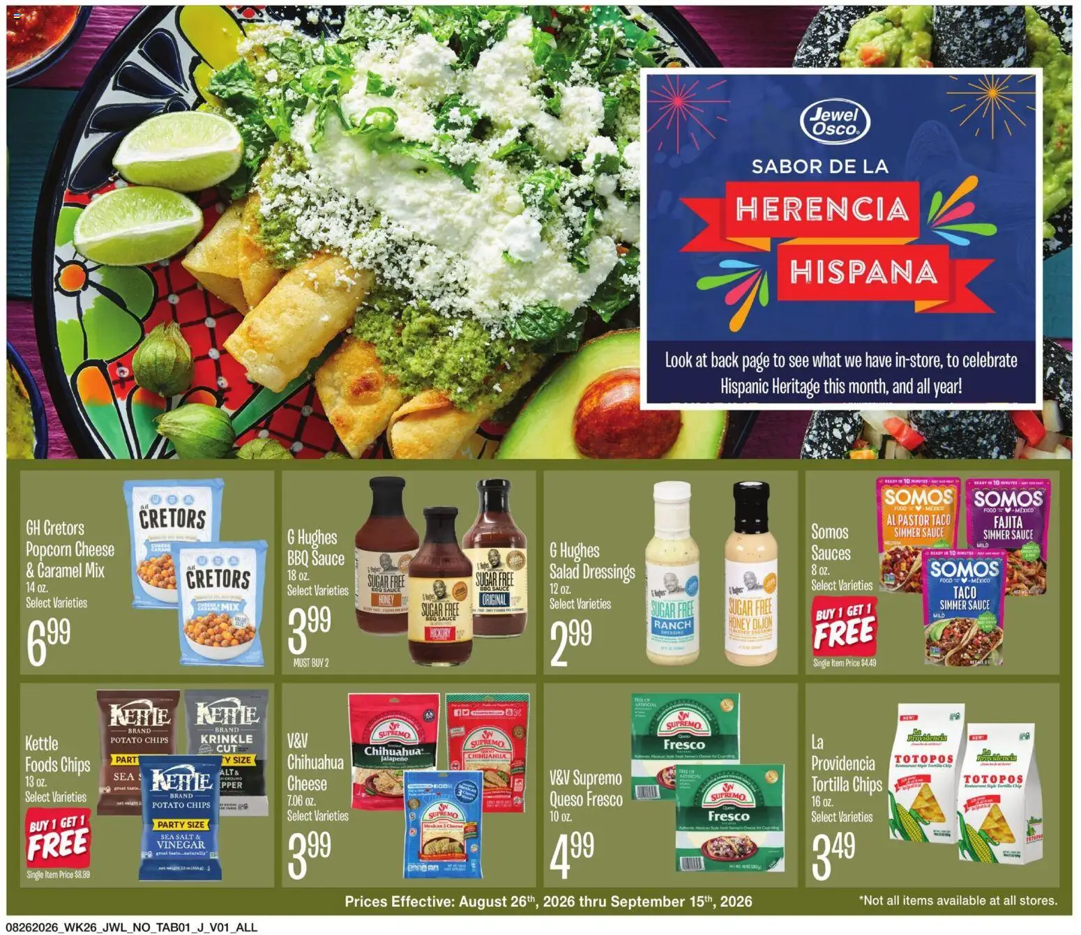 Ad Preview of Jewel Osco Jewel Osco Ad from 08/26/2026 - Salad, Popcorn, Honey, Salt, Sugar, Vinegar, Sauces, Tortilla chips