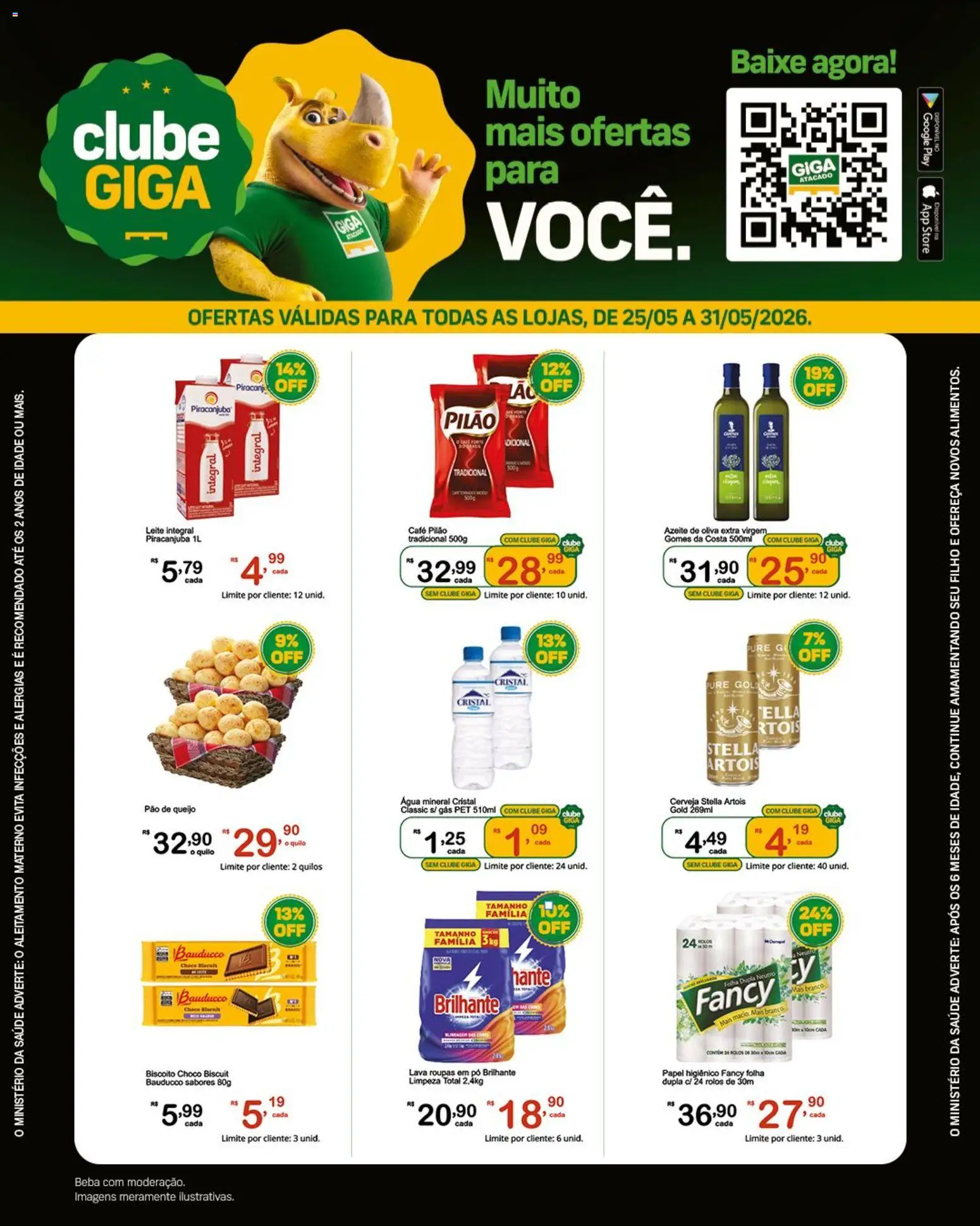 Pré-Visualização do folheto "GIGA Atacado ofertas Clube" da loja GIGA Atacado válido a partir de 25/05/2026 - Cerveja, Leite, Queijo, Papel higiênico, Pó, Café pilão, Leite integral, Água mineral