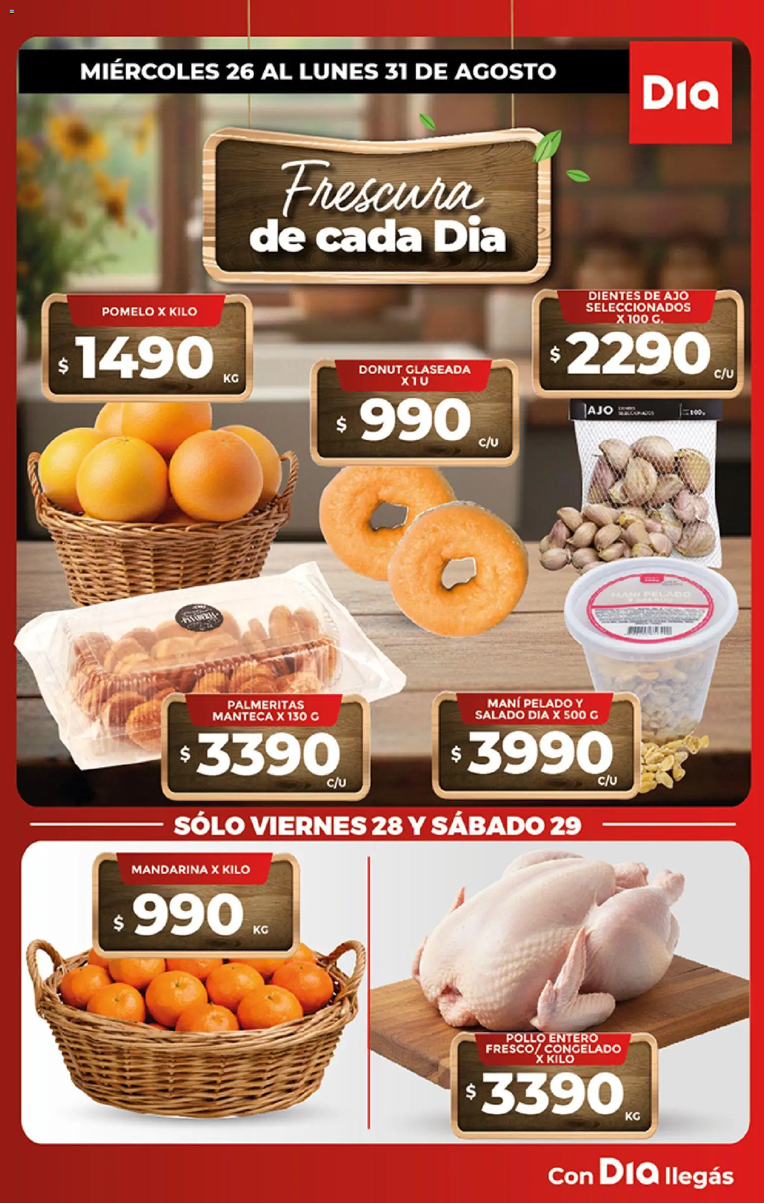 Vista previa del folleto de la tienda Dia válido desde el 26/08/2026 - Pollo, Pomelo, Manteca, Mani, Ajo, Donut, Pollo entero