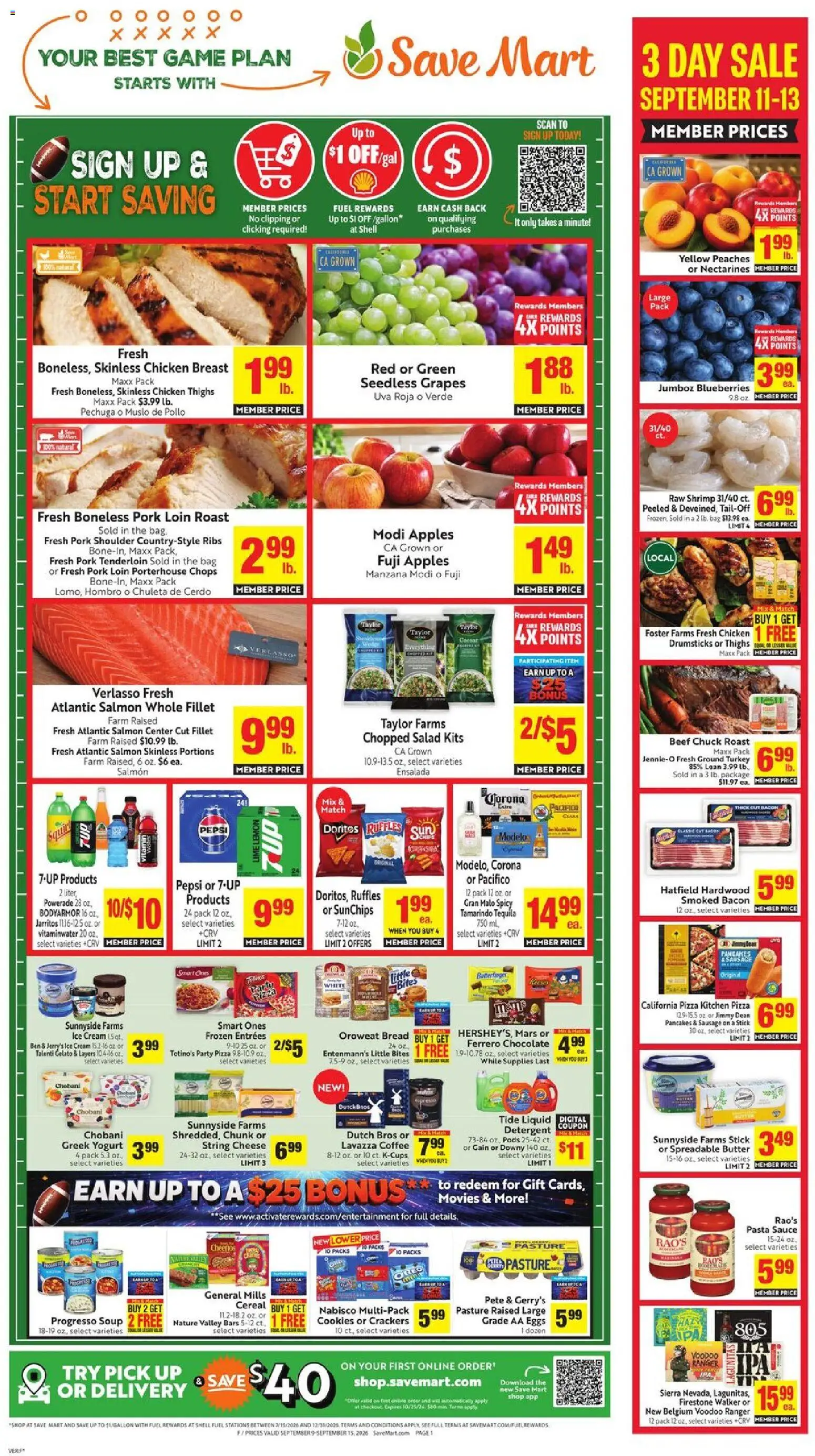 Ad Preview of Save Mart Save Mart Weekly Ad from 09/09/2026 - Pizza, Apples, Pasta, Cheese, Vitamin, Pork tenderloin, Ground turkey, Beef chuck