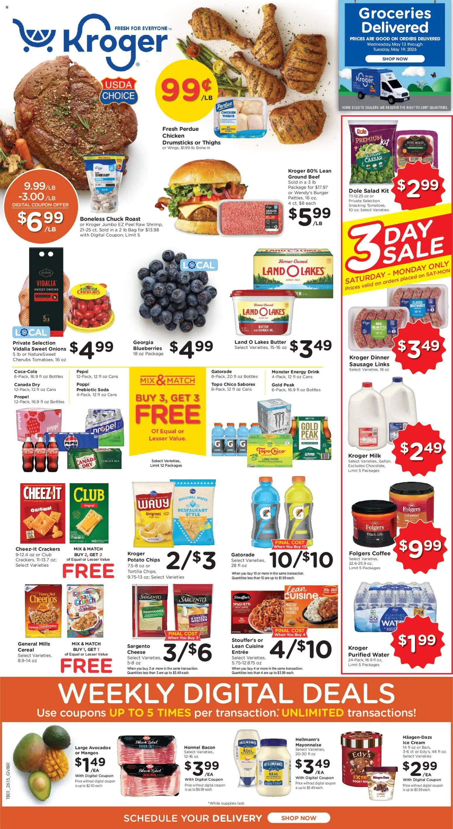 Ad Preview of Kroger Kroger Ad from 05/13/2026 - Groceries, Salad, Spaghetti, Energy drink, Ground beef, Bratwurst, Mayonnaise, Chicken